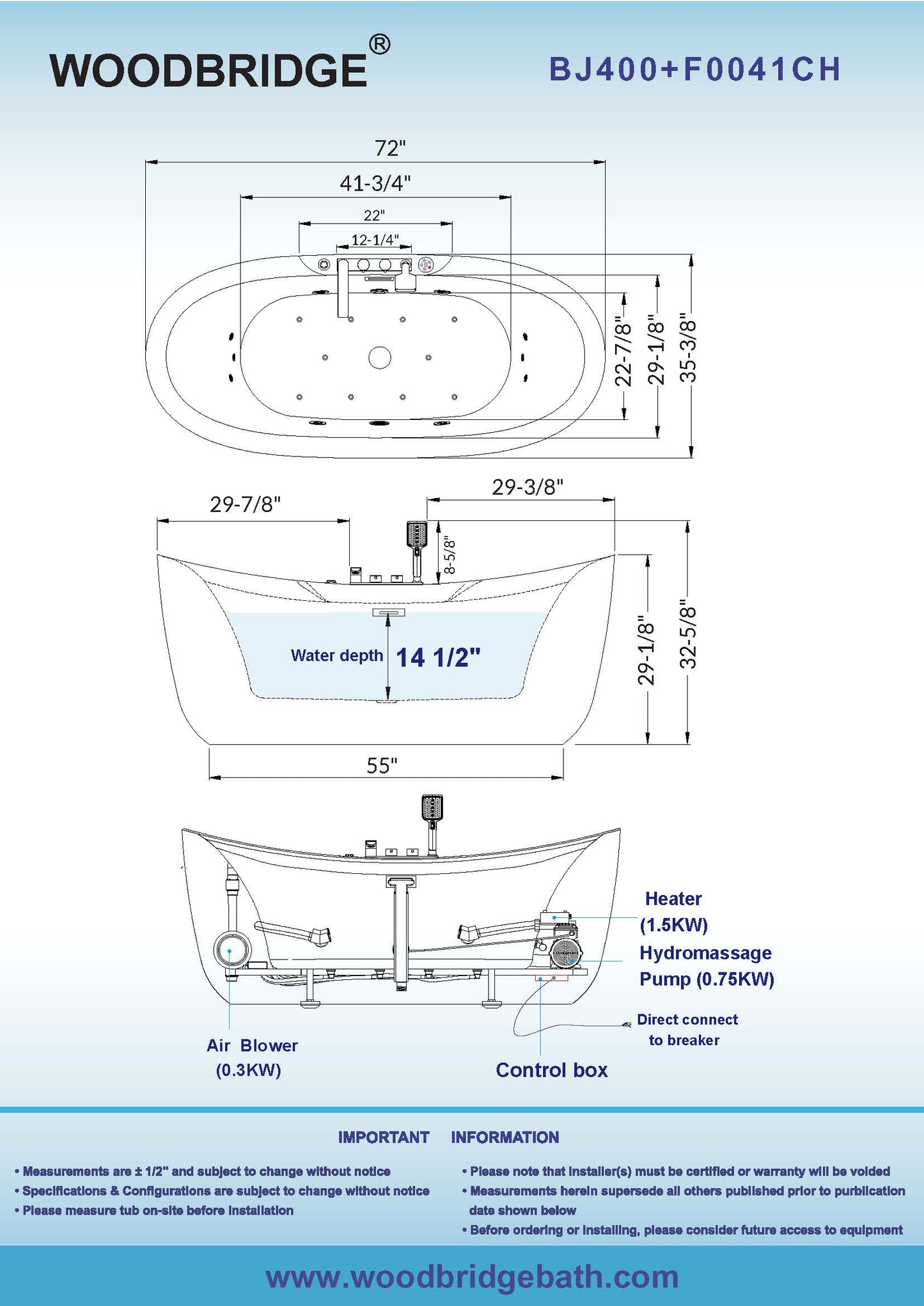 WOODBRIDGE 72" x 35-3/8" Whirlpool Water Jetted and Air Bubble Freestanding Heated Soaking Combination Bathtub with Tub Filler and LED control panel , BJ400+F0041CH