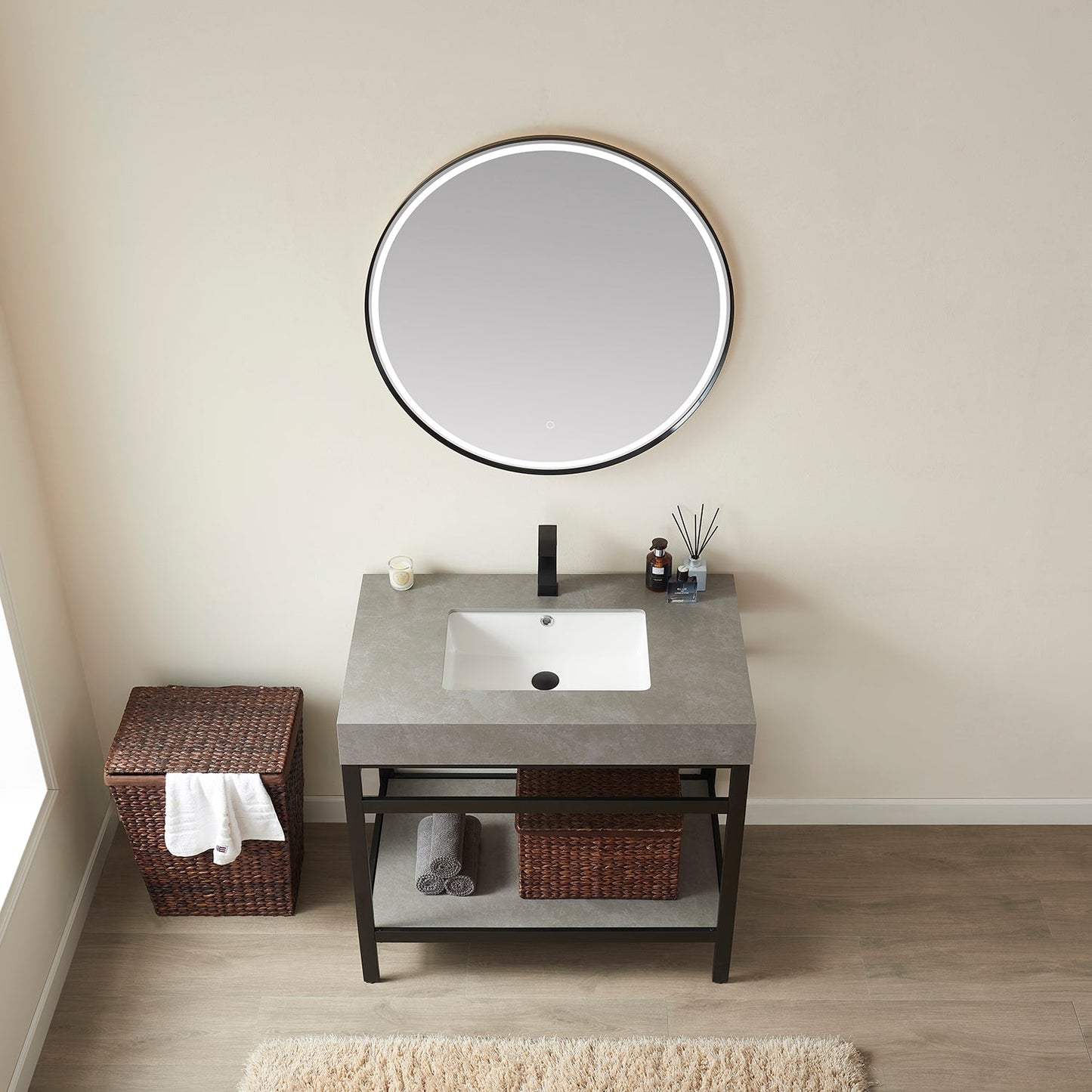 Funes 36" Single Sink Bath Vanity in Matte Black Metal Support with Grey Sintered Stone Top