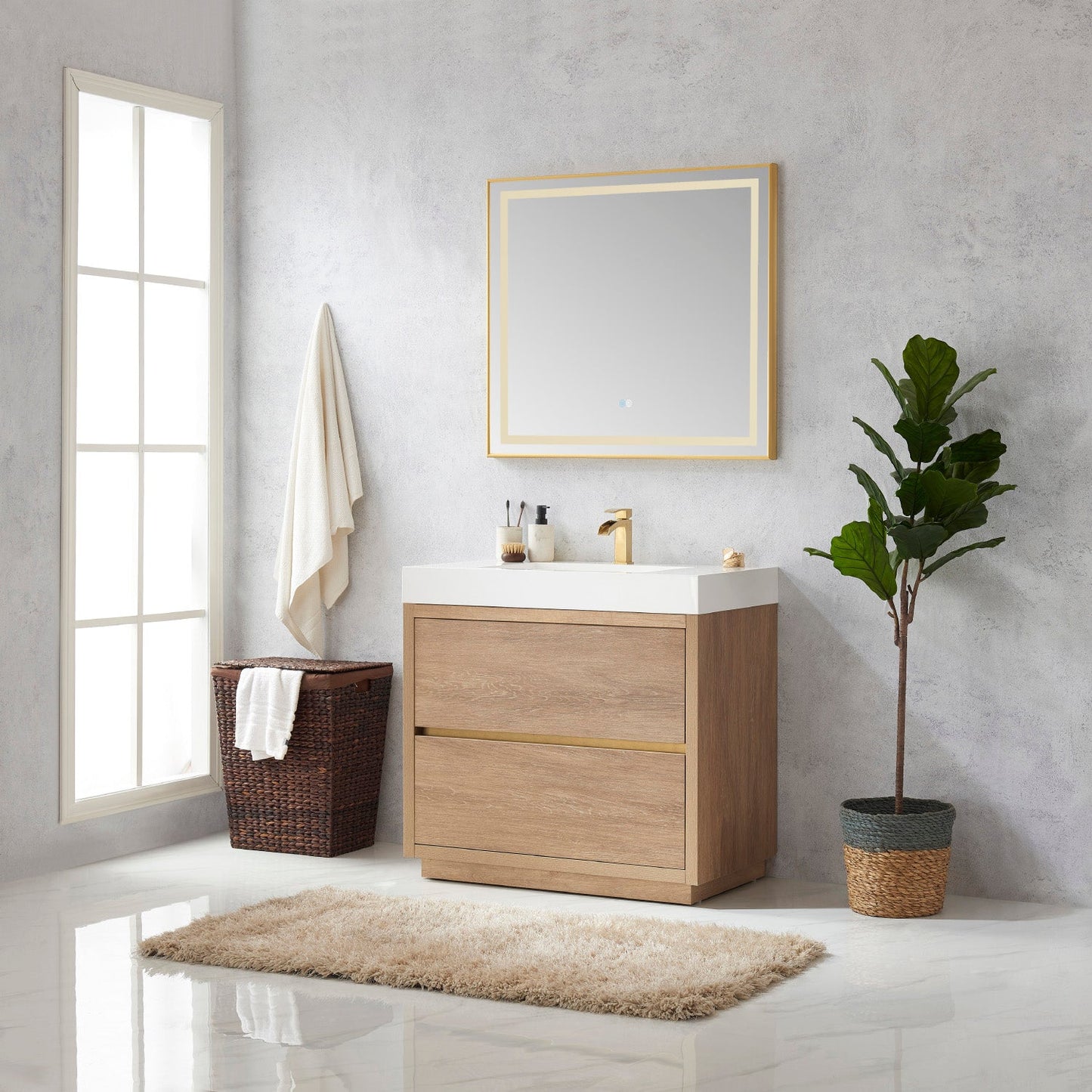 Huesca 36" Single Sink Bath Vanity in North American Oak with White Composite Integral Square Sink Top