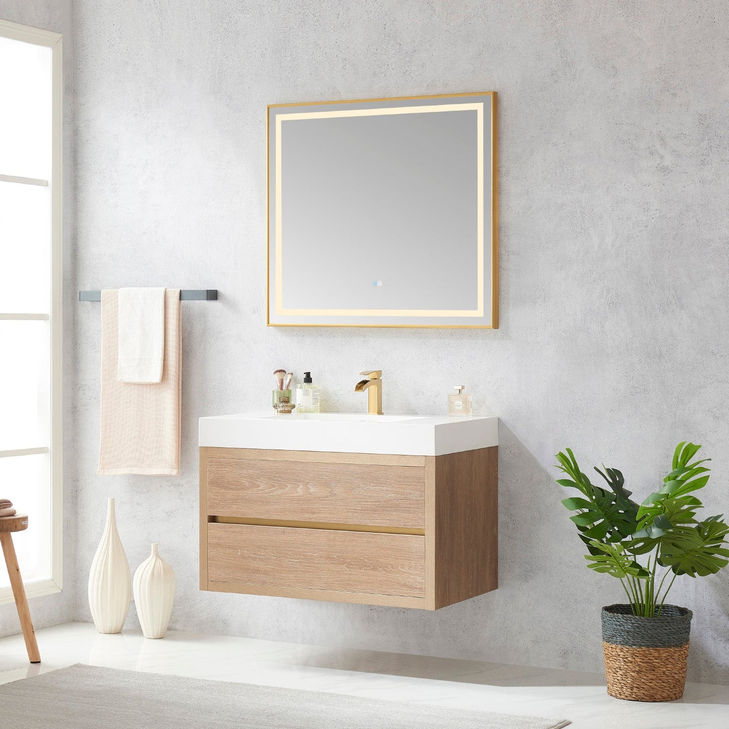 Palencia 36" Single Sink Wall-Mount Bath Vanity in North American Oak with White Composite Integral Square Sink Top