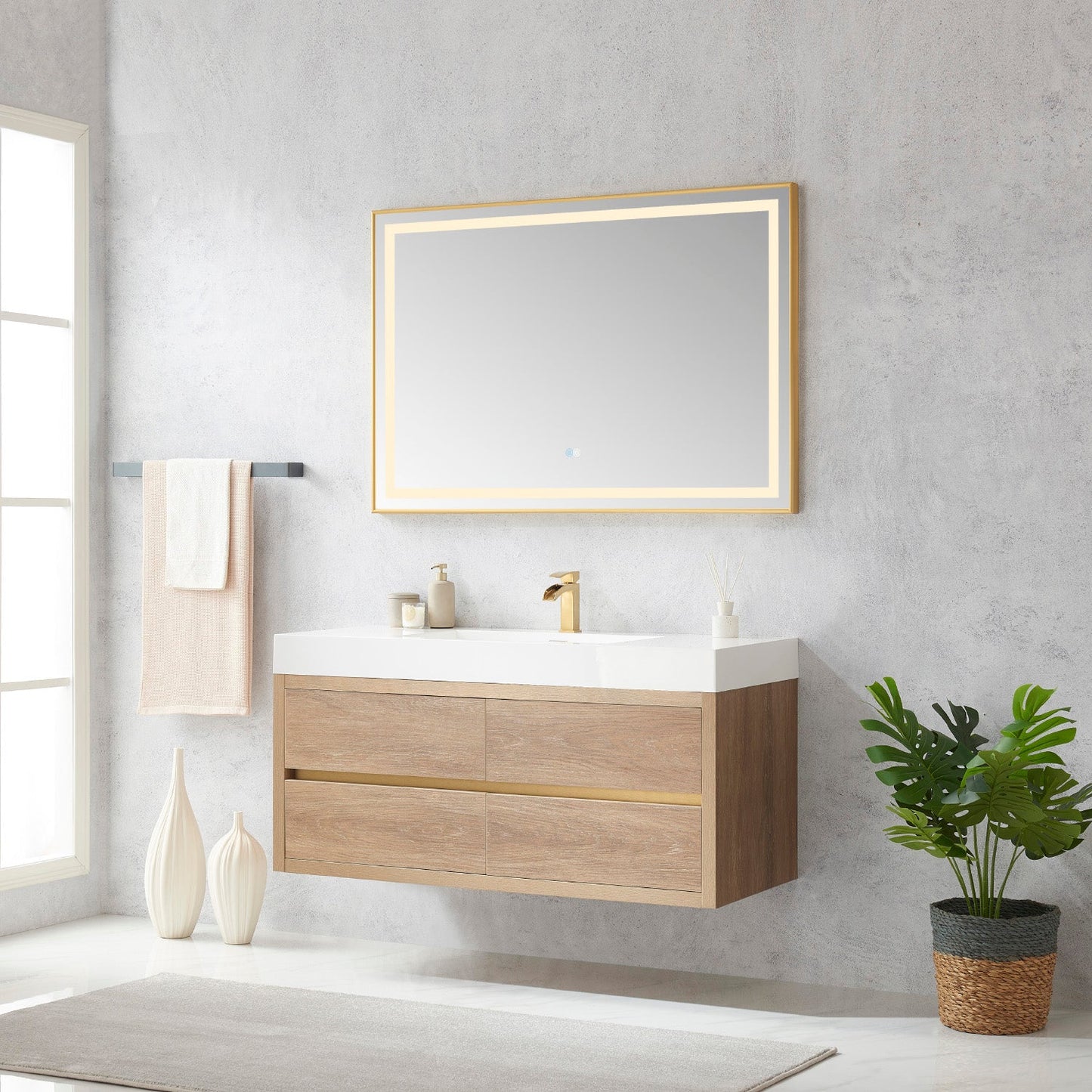 Palencia 48" Single Sink Wall-Mount Bath Vanity in North American Oak with White Composite Integral Square Sink Top