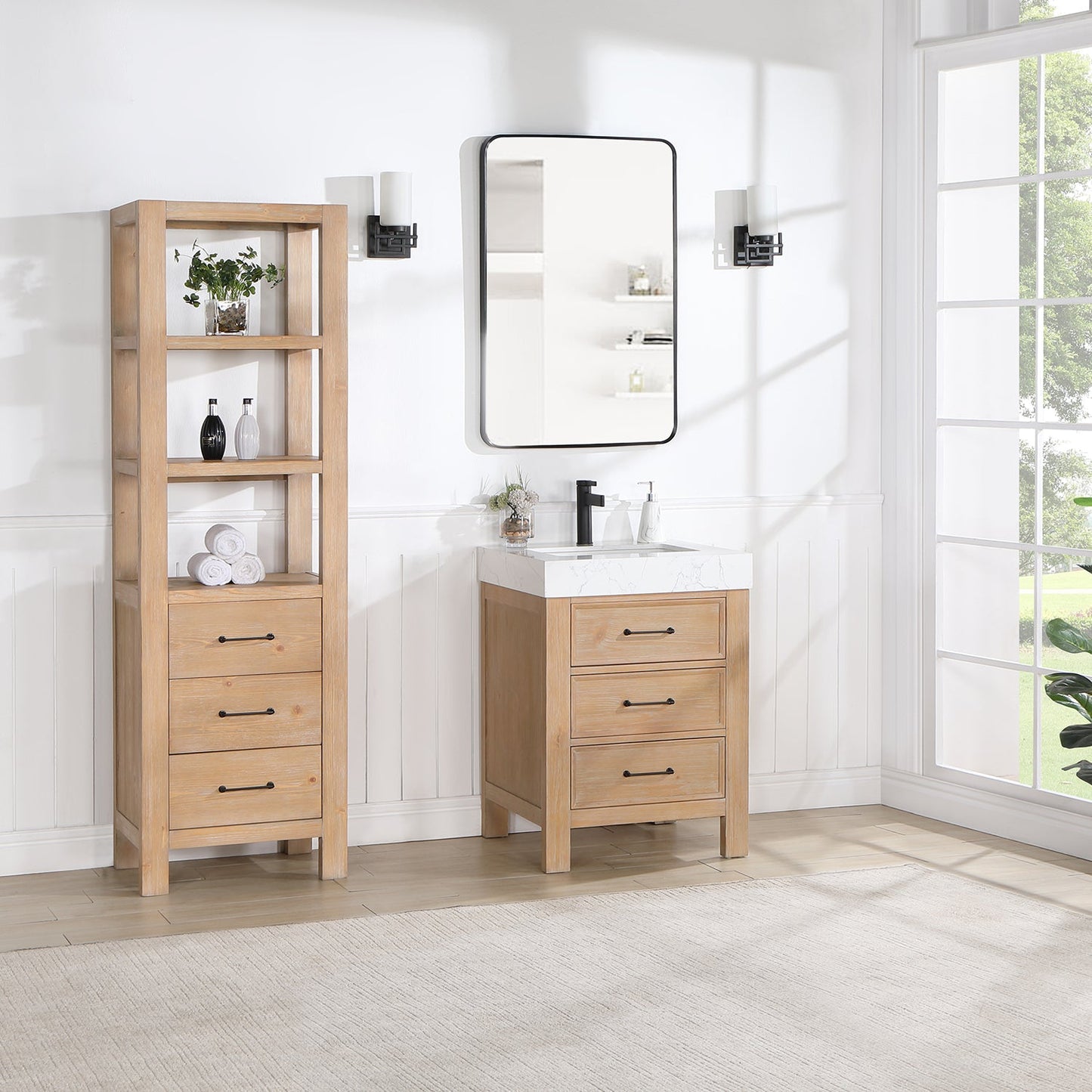 León 24in. Free-standing Single Bathroom Vanity in Fir Wood Brown with Composite top in Lightning White