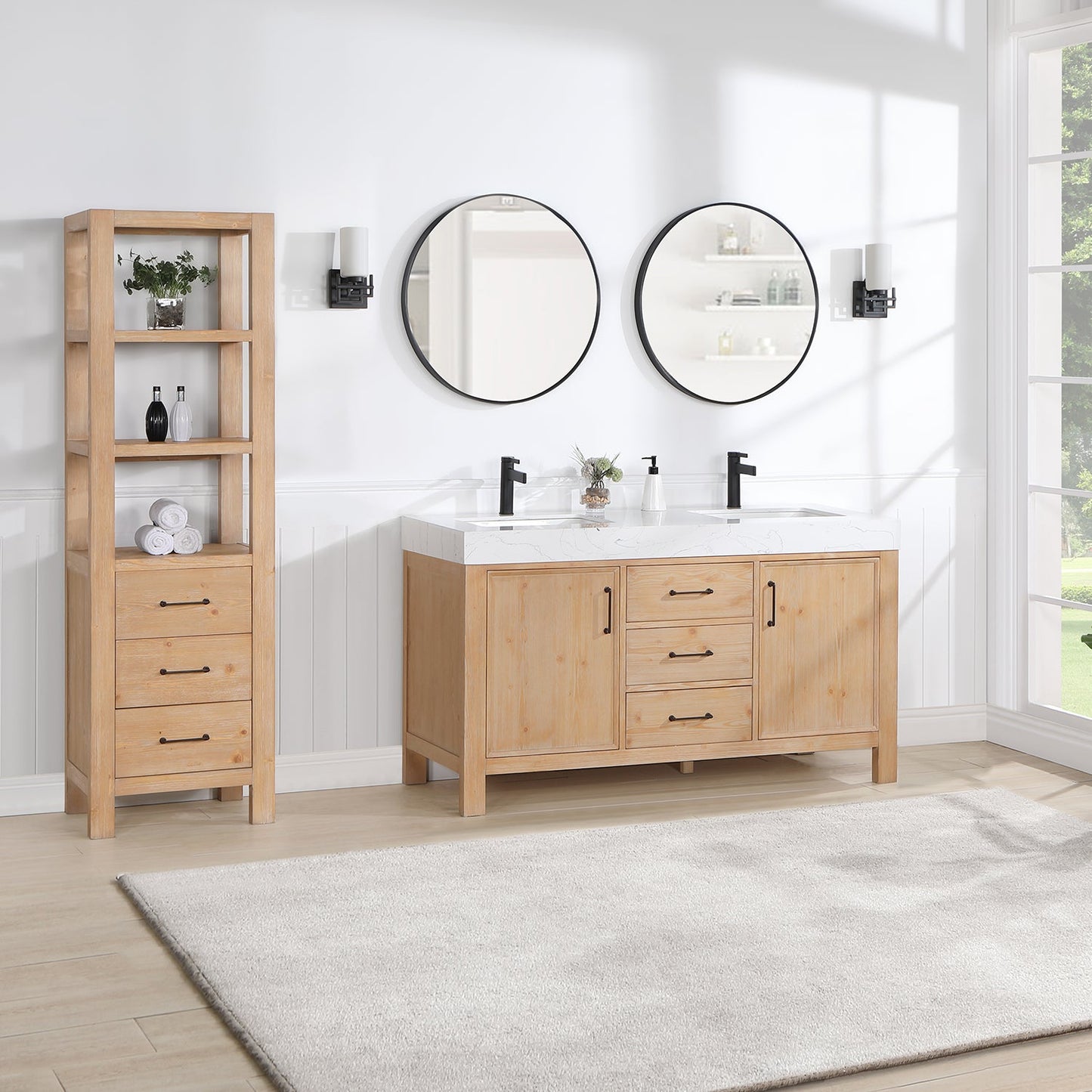 León 60in. Free-standing Double Bathroom Vanity in Fir Wood Brown with Composite top in Lightning White