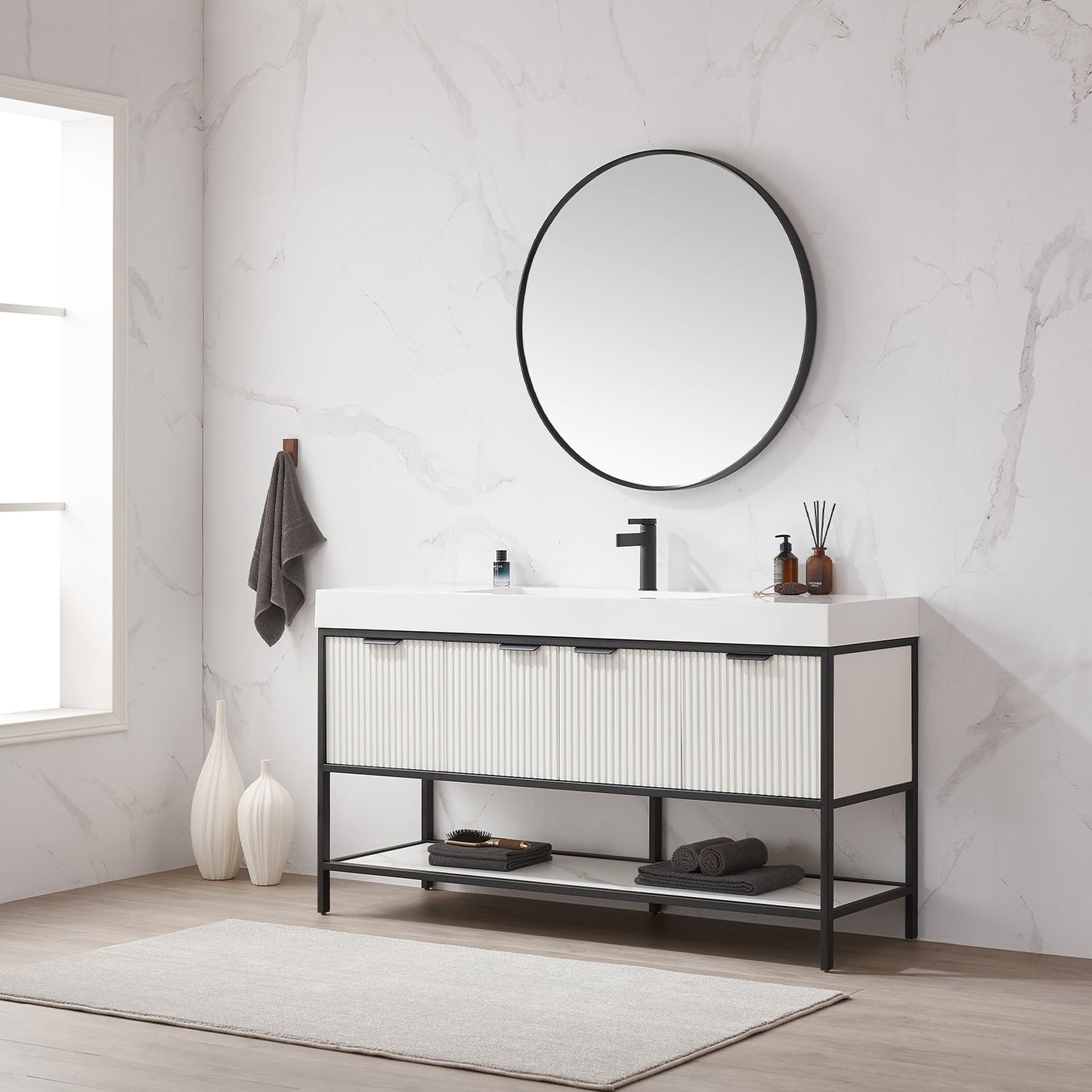 Marcilla 60" Single Sink Bath Vanity in White with One-Piece Composite Stone Sink Top