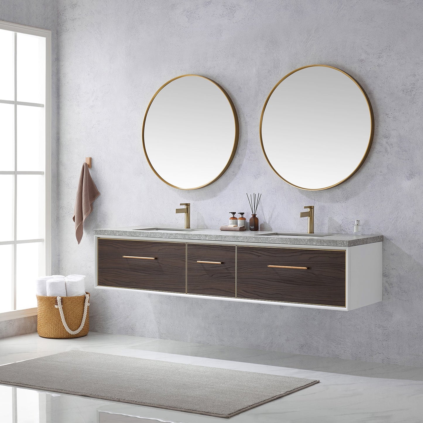 Caparroso 84" Double Sink Bath Vanity in Dark Walnut with Grey Sintered Stone Top