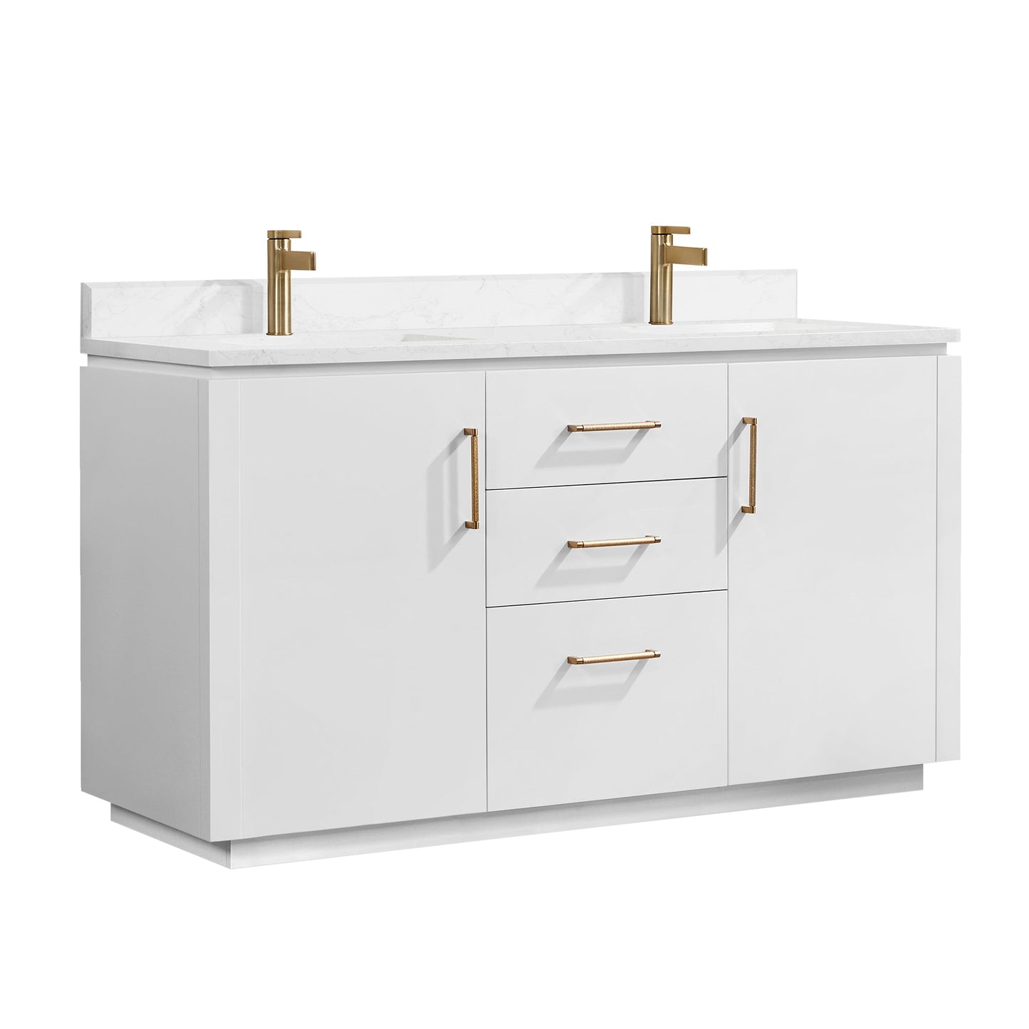 San 60M" Free-standing Double Bath Vanity in White with White Grain Composite Stone Top