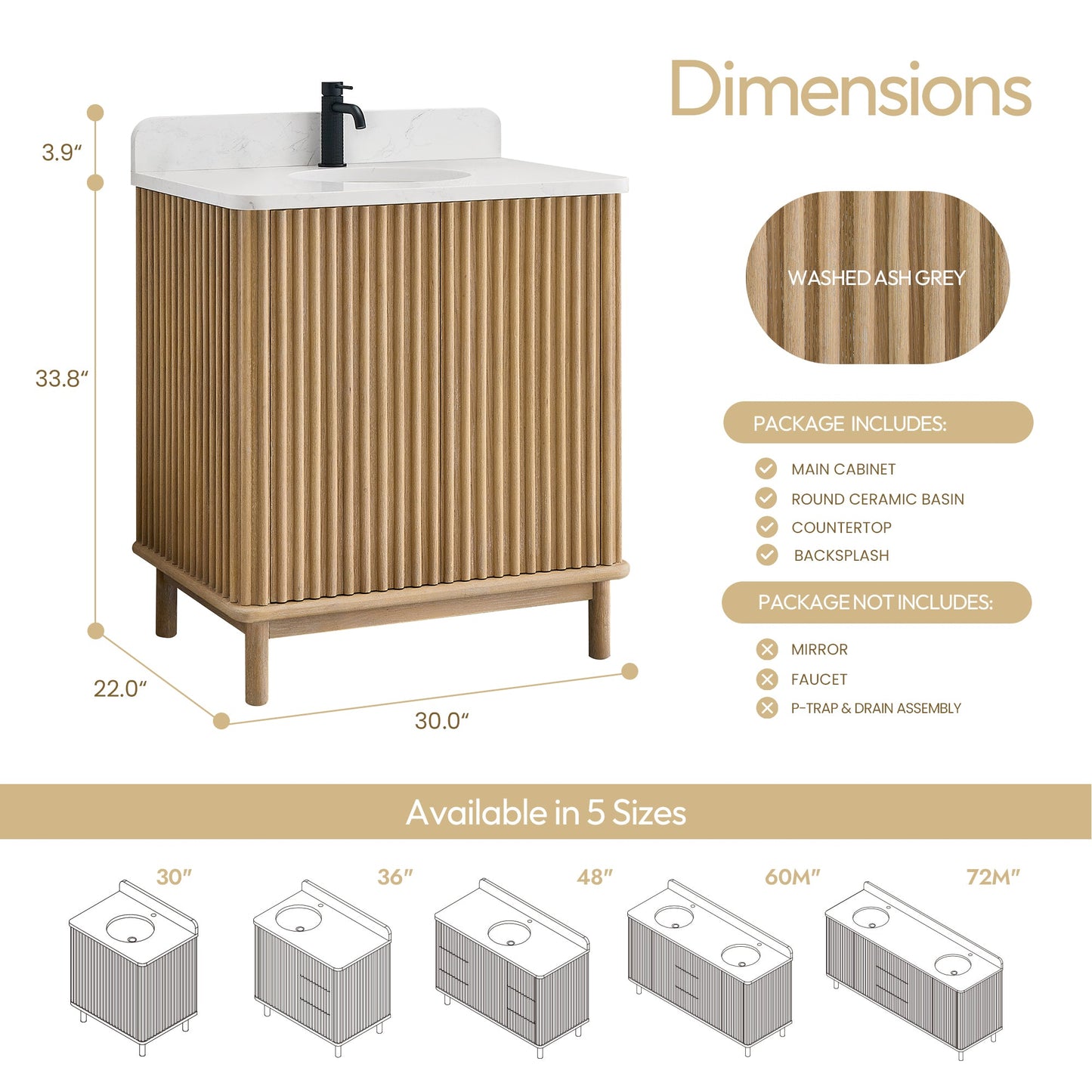 Seoul 30" Single Vanity in Washed Ash Grey with White Grain Composite Stone Top