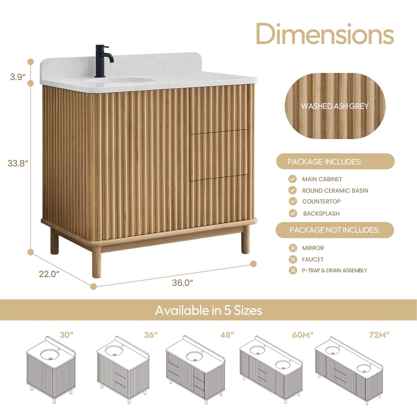Seoul 36" Single Vanity in Washed Ash Grey with White Grain Composite Stone Top