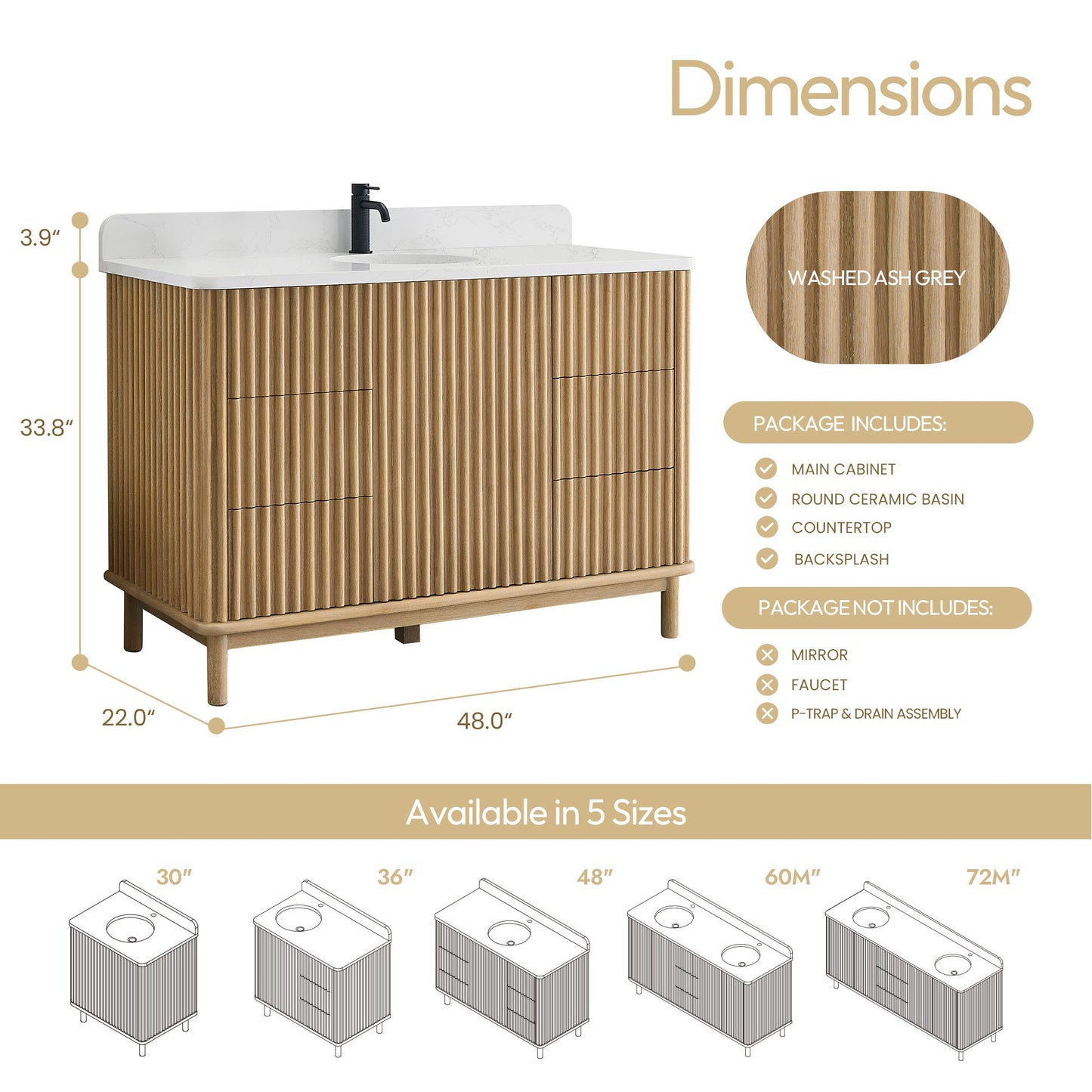 Seoul 48" Single Vanity in Washed Ash Grey with White Grain Composite Stone Top