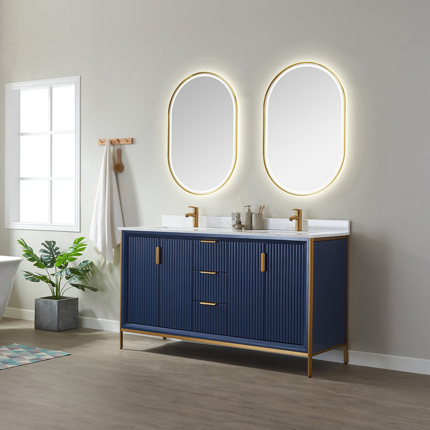 Granada 60" Double Vanity in Royal Blue with White Composite Grain Stone Countertop