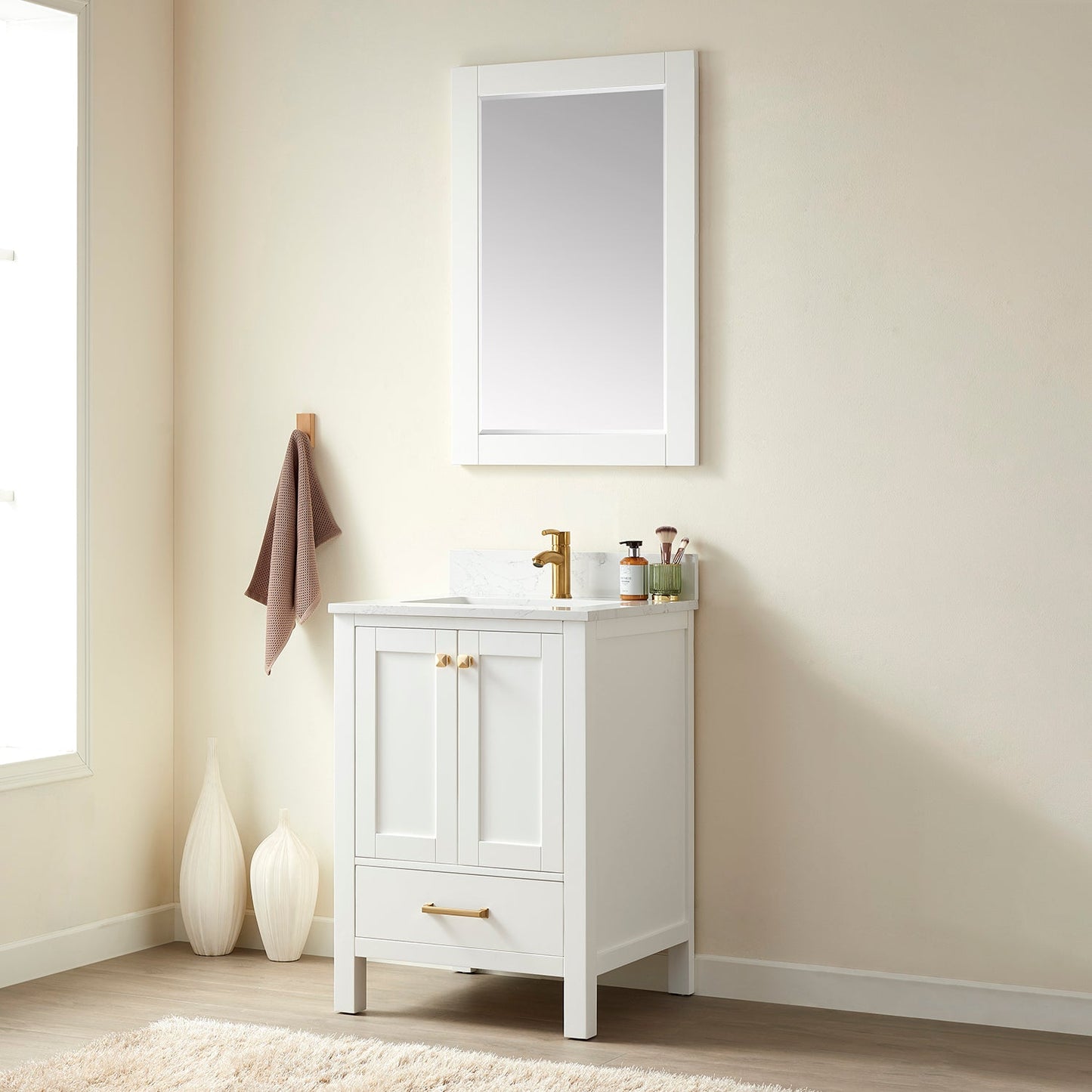 Shannon 24" Single Vanity in White and Composite White Carrara Stone Countertop
