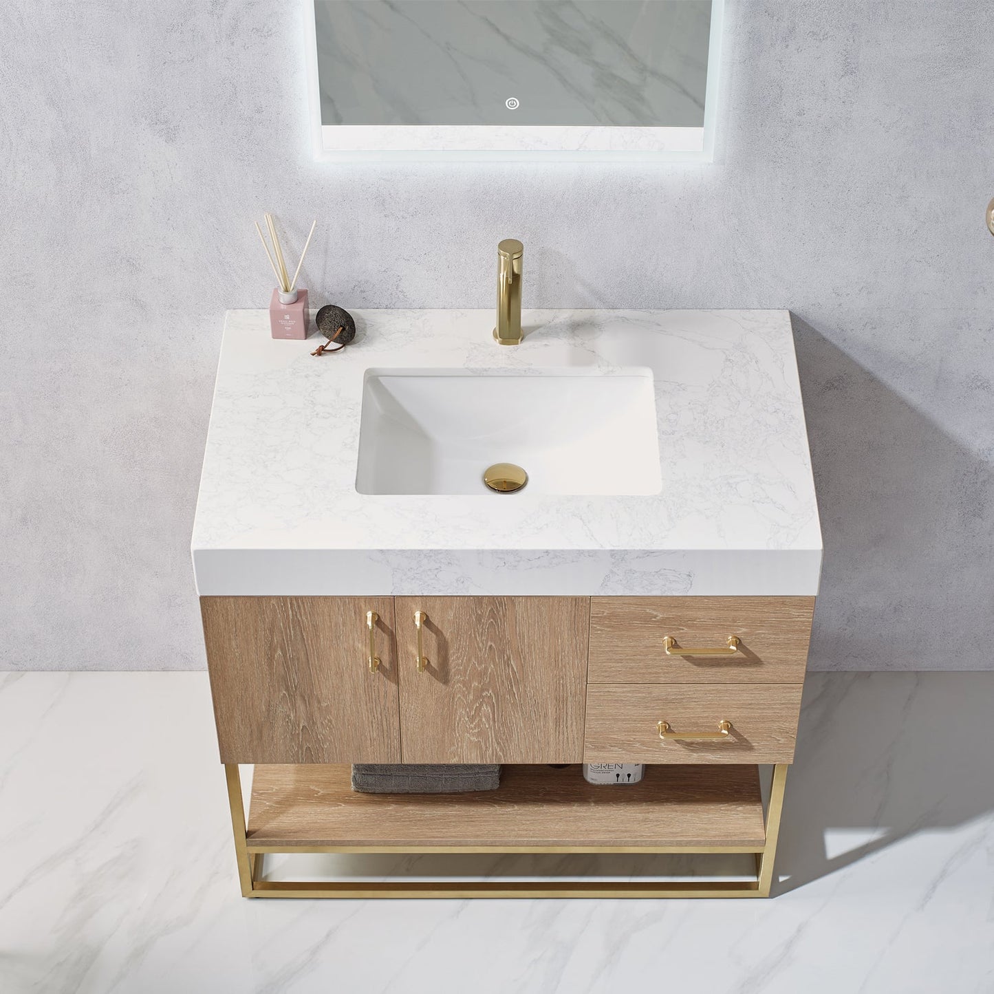 Alistair 36" Single Vanity in North American Oak with White Grain Stone Countertop
