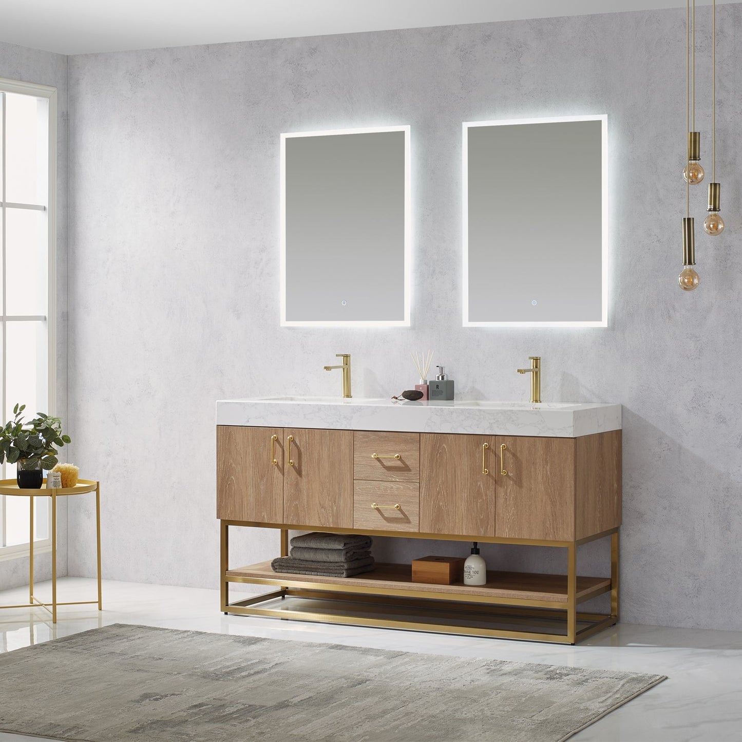 Alistair 60" Double Vanity in North American Oak with White Grain Stone Countertop
