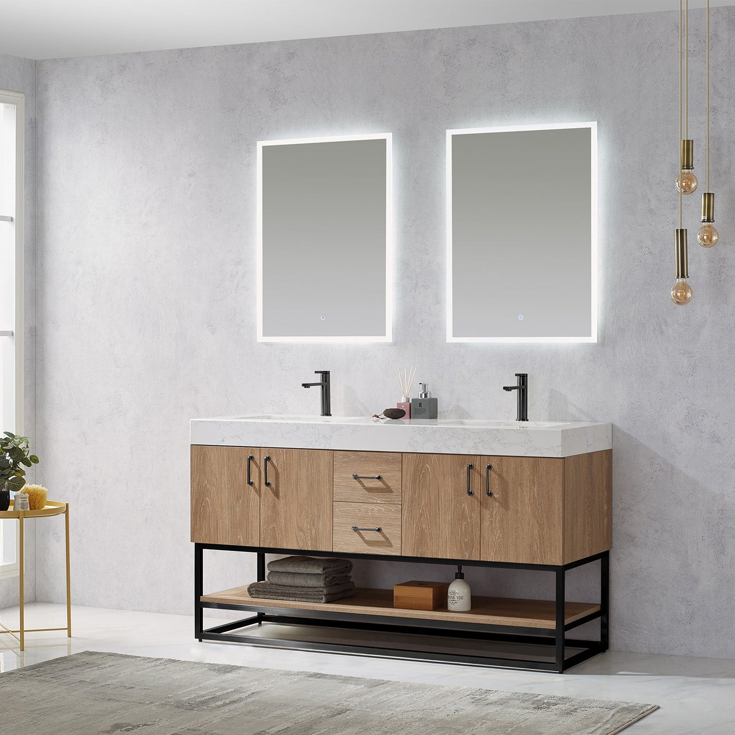 Alistair 60B" Double Vanity in North American Oak with White Grain Stone Countertop