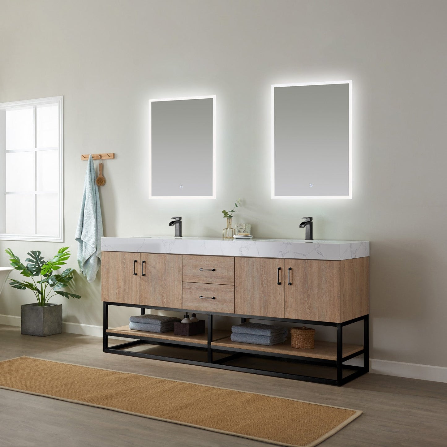 Alistair 72B" Double Vanity in North American Oak with White Grain Stone Countertop