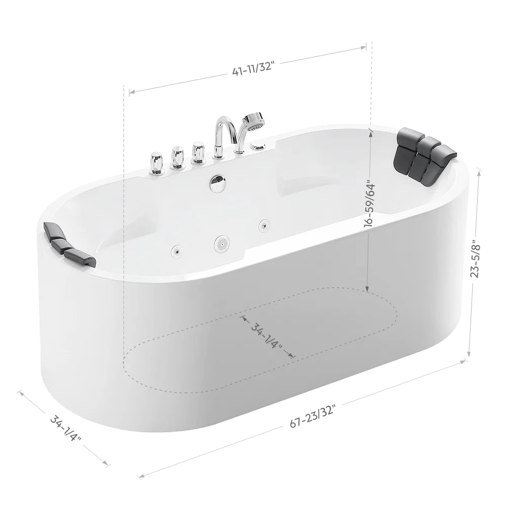67" Oval Freestanding Whirlpool Bathtub with Center Drain