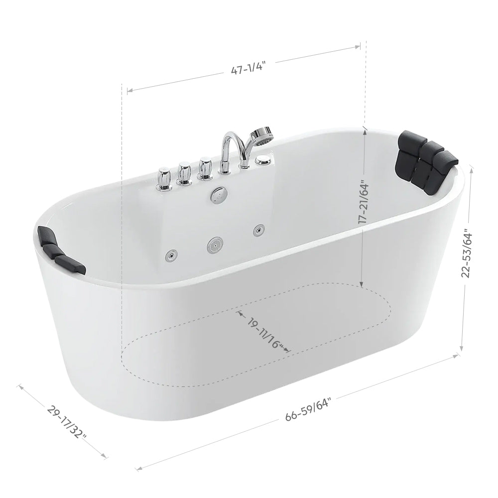 67" Freestanding Oval Whirlpool Bathtub with Center Drain