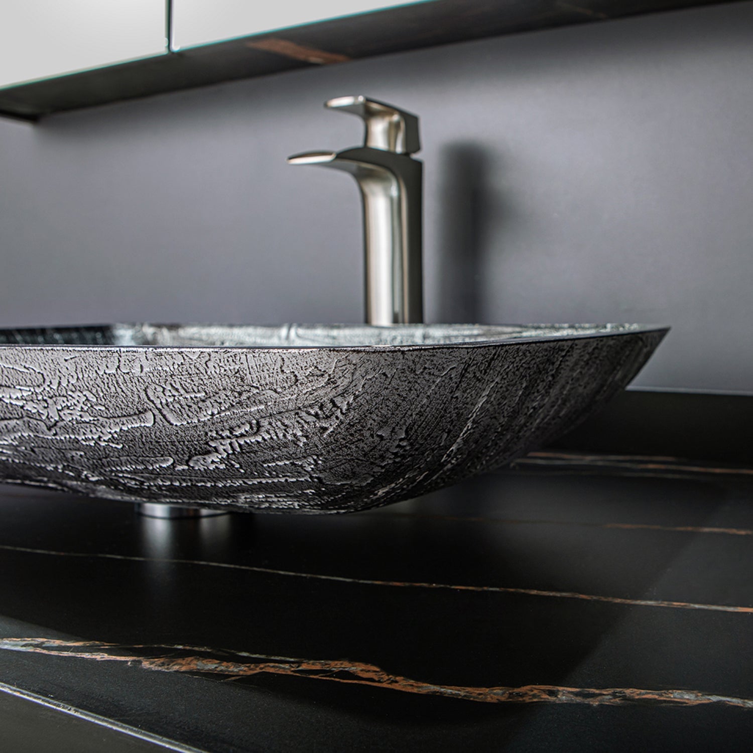 Udine Black Tree Bark Glass Rectangular Vessel Bathroom Sink without Faucet