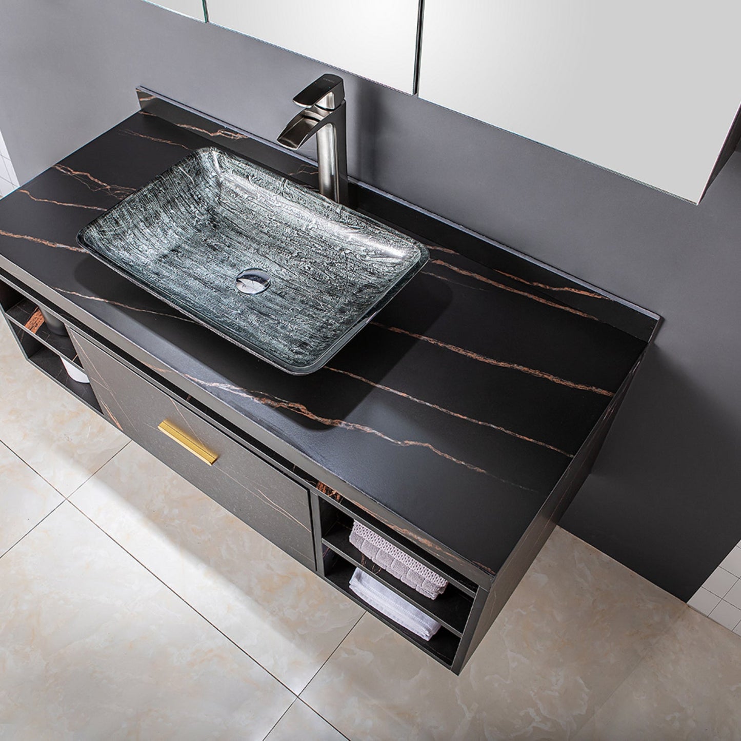 Udine Black Tree Bark Glass Rectangular Vessel Bathroom Sink without Faucet