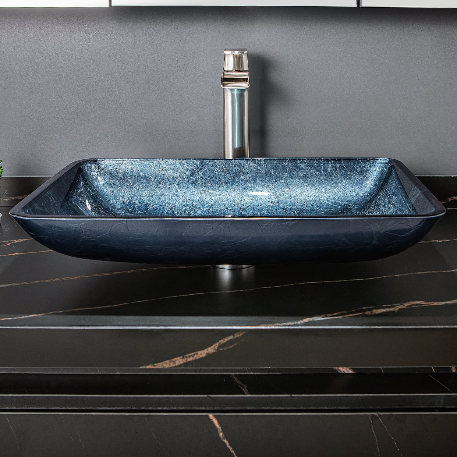 Udine Grayish Blue Glass Rectangular Vessel Bathroom Sink without Faucet