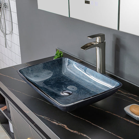 Udine Grayish Blue Glass Rectangular Vessel Bathroom Sink without Faucet