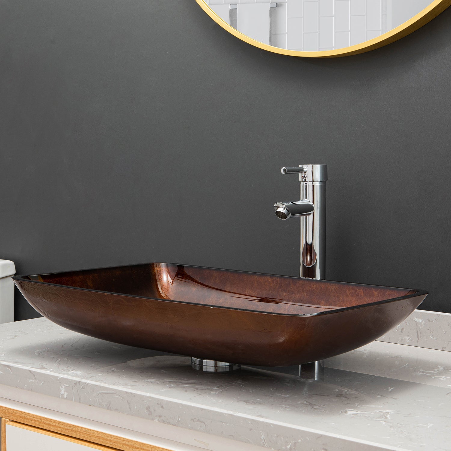 Udine Reddish Brown Glass Rectangular Vessel Bathroom Sink without Faucet