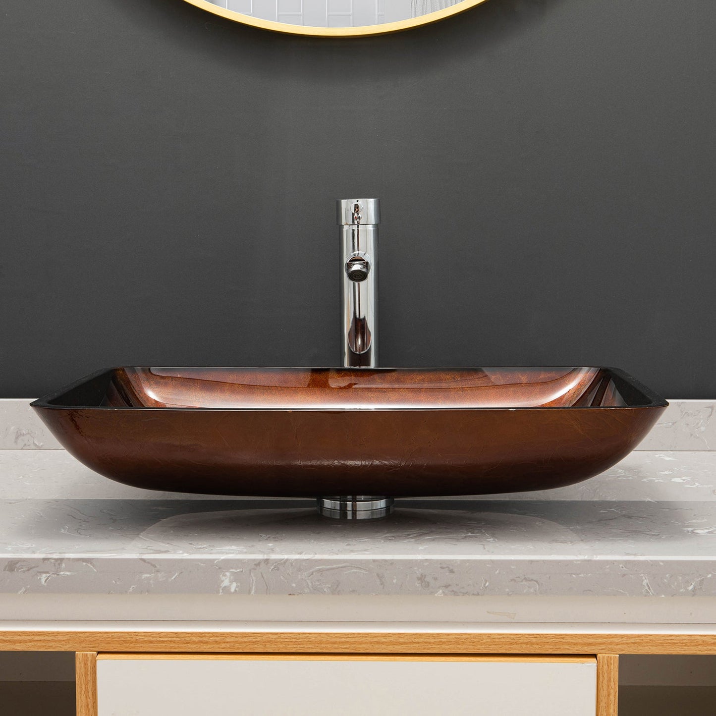 Udine Reddish Brown Glass Rectangular Vessel Bathroom Sink without Faucet