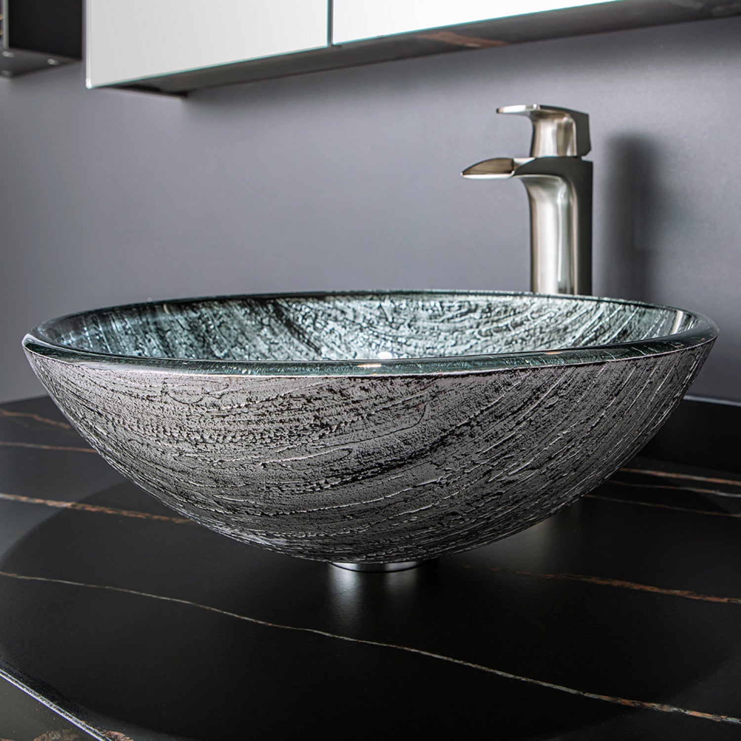 Enna Black Tree Bark Glass Circular Vessel Bathroom Sink without Faucet