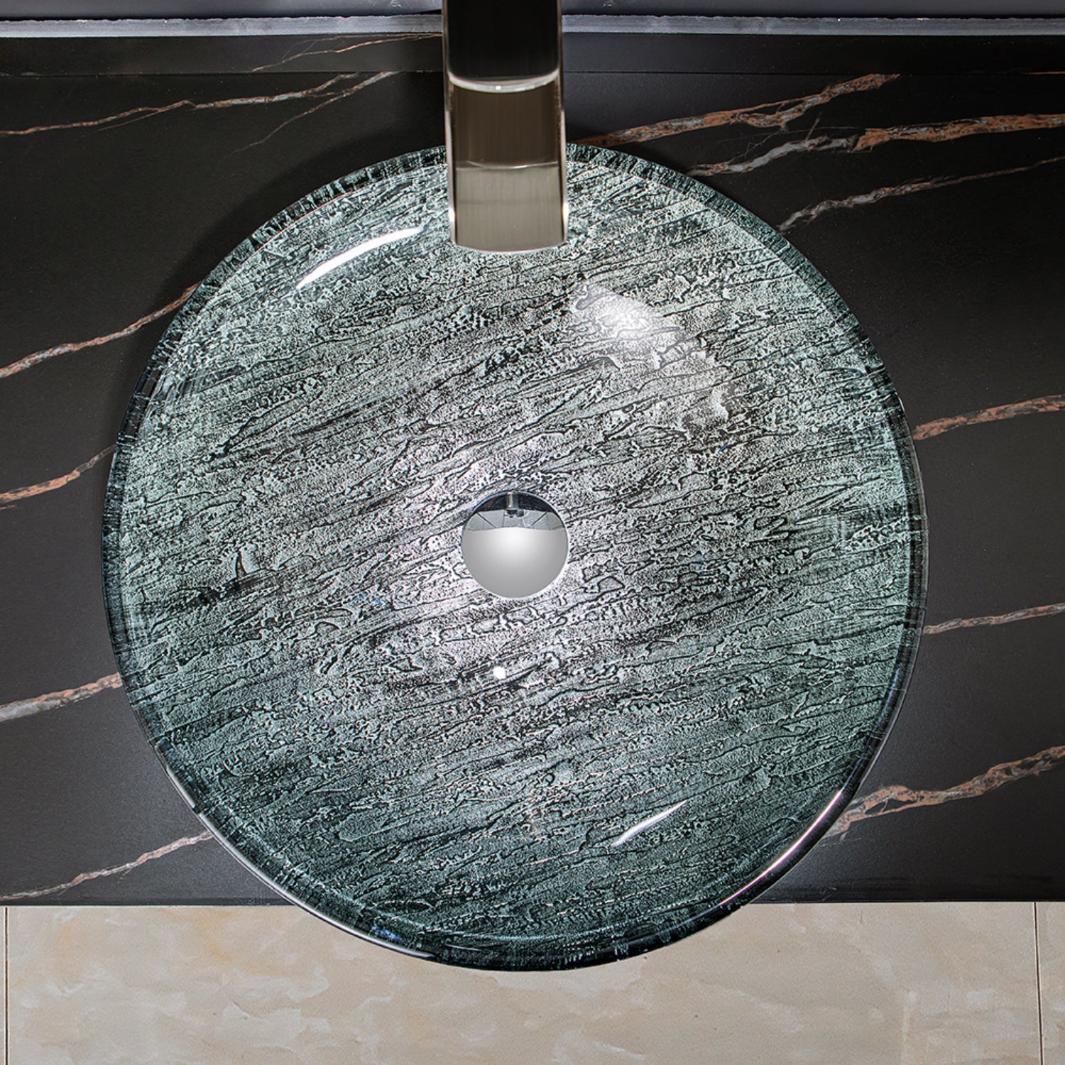 Enna Black Tree Bark Glass Circular Vessel Bathroom Sink without Faucet