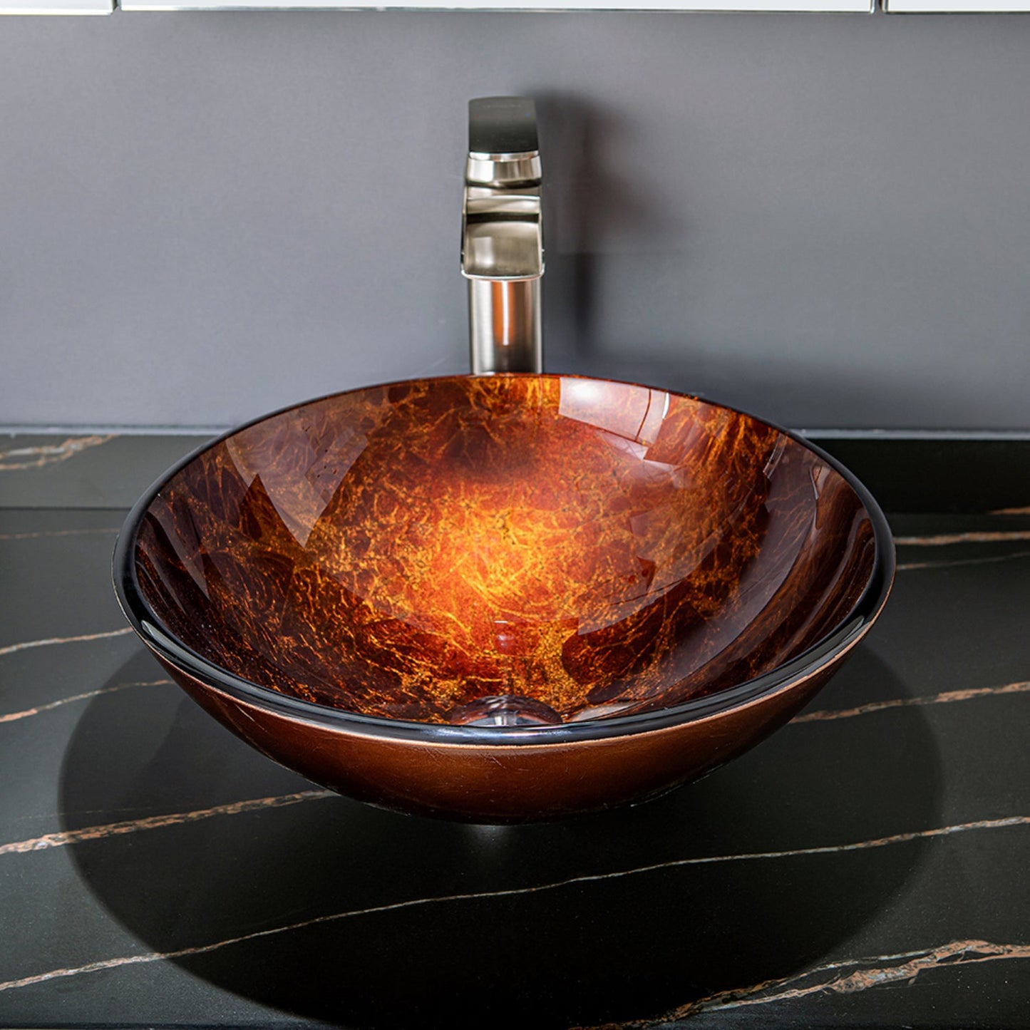 Enna Reddish Brown Glass Circular Vessel Bathroom Sink without Faucet