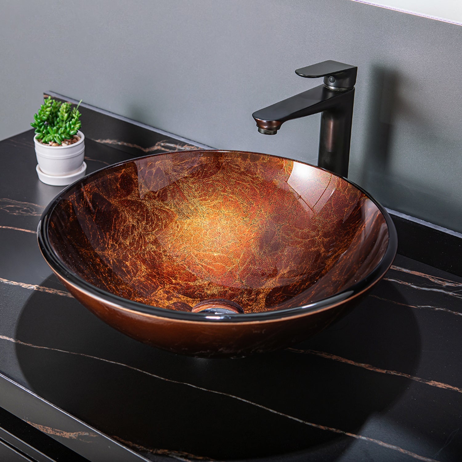 Enna Reddish Brown Glass Circular Vessel Bathroom Sink without Faucet