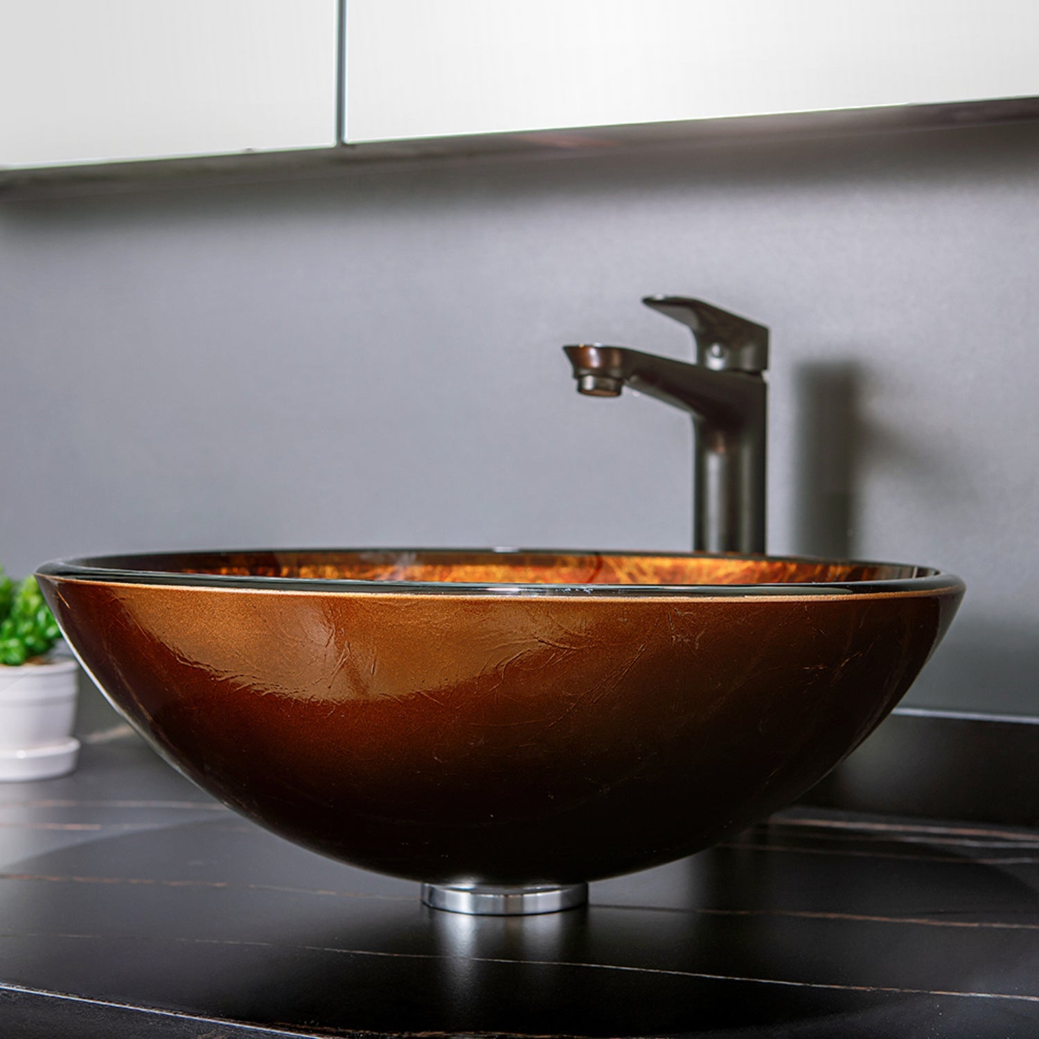 Enna Reddish Brown Glass Circular Vessel Bathroom Sink without Faucet