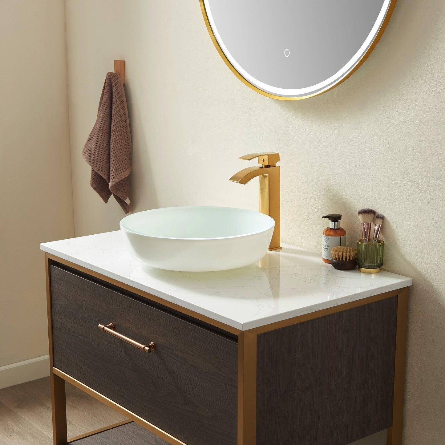 Ferrol Tempered Glass Circular White Vessel Bathroom Sink without Faucet