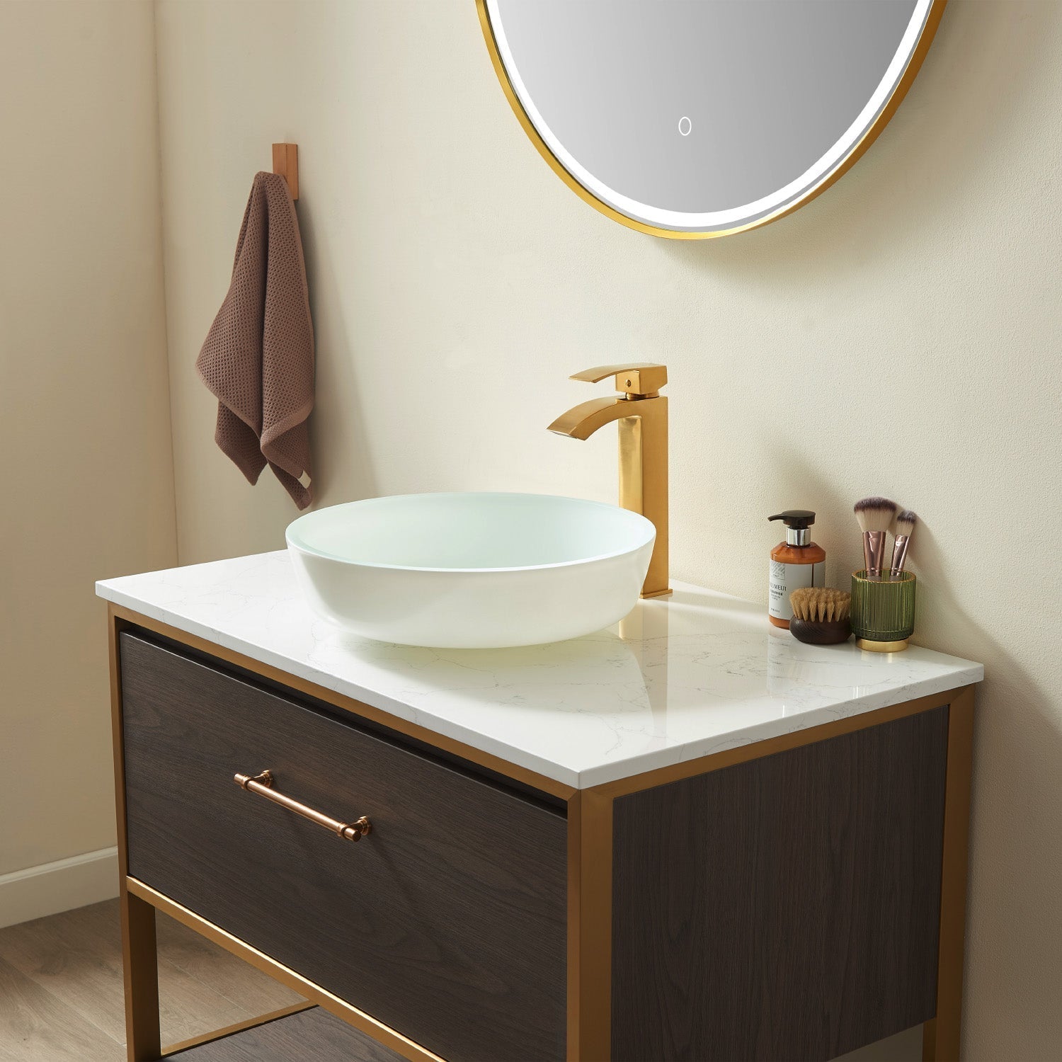 Ferrol Tempered Glass Circular White Vessel Bathroom Sink without Faucet