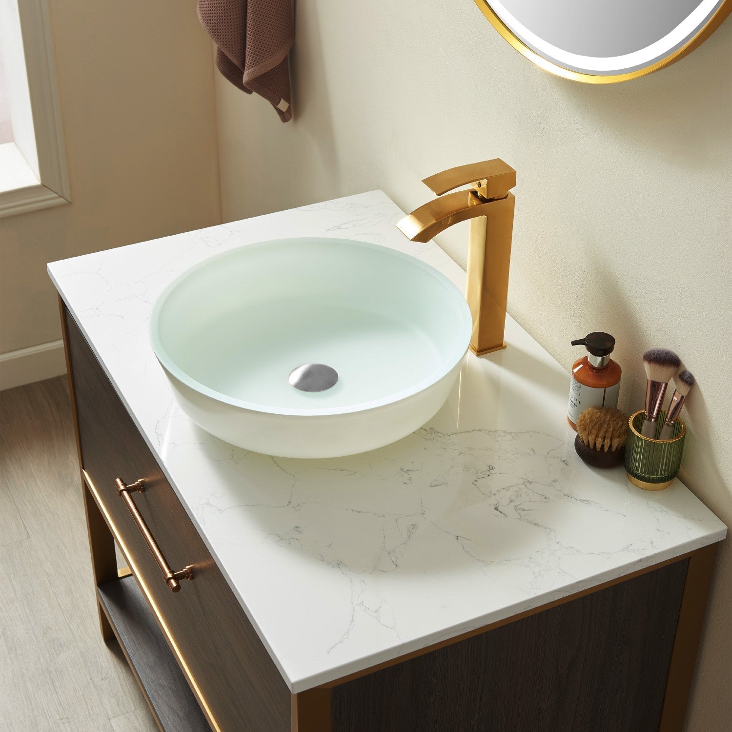 Ferrol Tempered Glass Circular White Vessel Bathroom Sink without Faucet