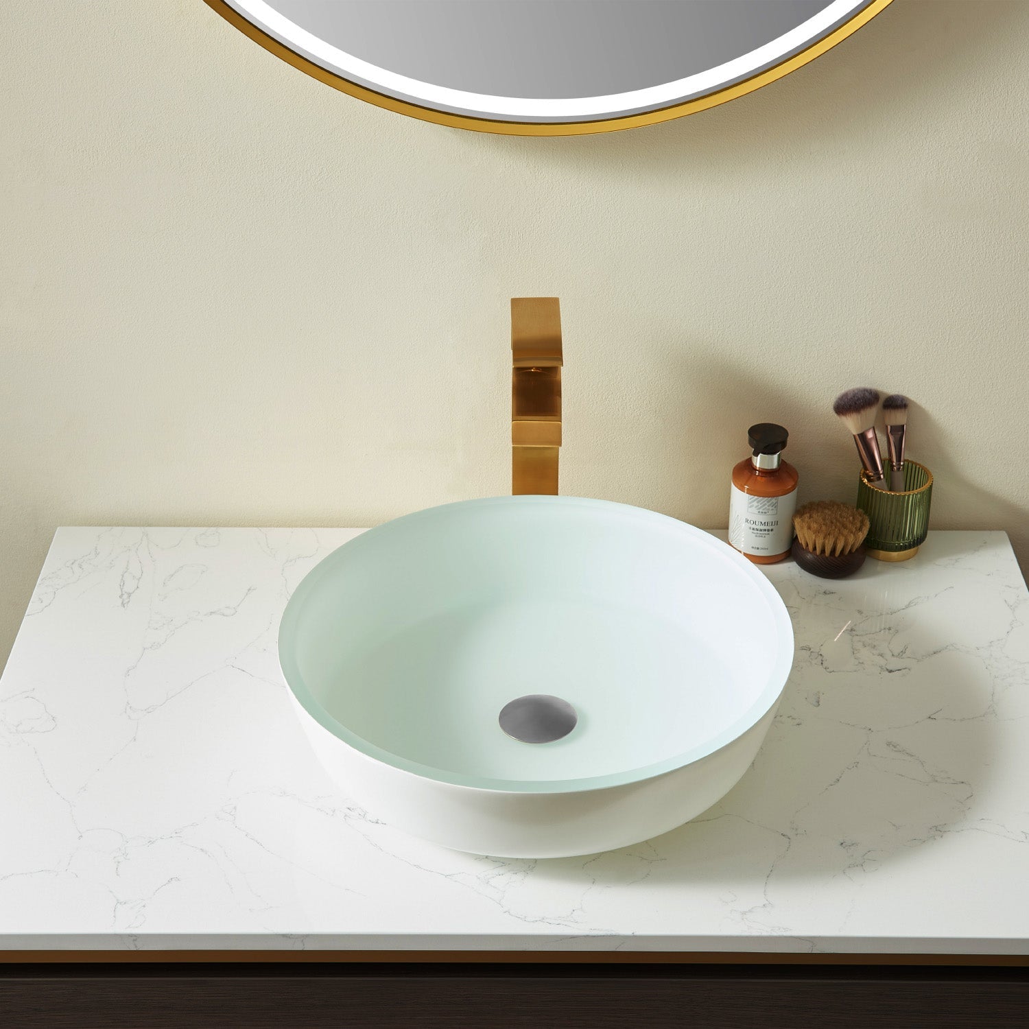 Ferrol Tempered Glass Circular White Vessel Bathroom Sink without Faucet