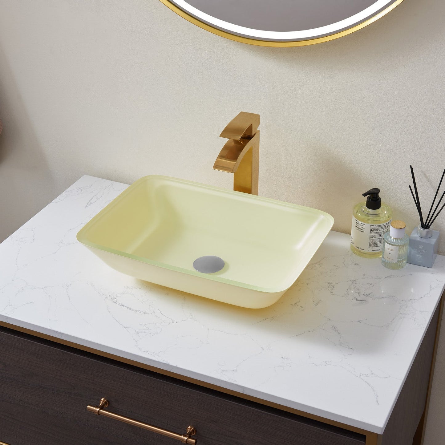 Tudela Glass Rectangular Vessel Bathroom Sink without Faucet, Matte White