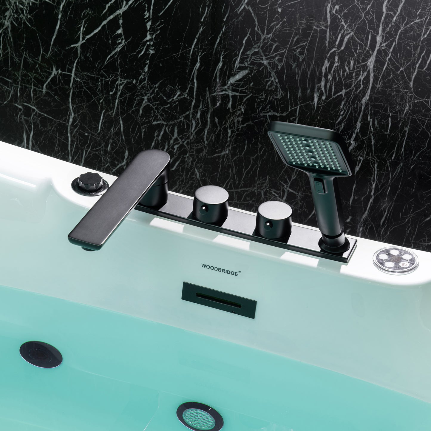72" x 35-3/8" Whirlpool and Air Bath Heated Soaking Combination Tub with Adjustable Speed Air Blower, Tub Filler, and LED control panel, Matte Black Finish Trim and Drain Kit, BM400+F0051MB