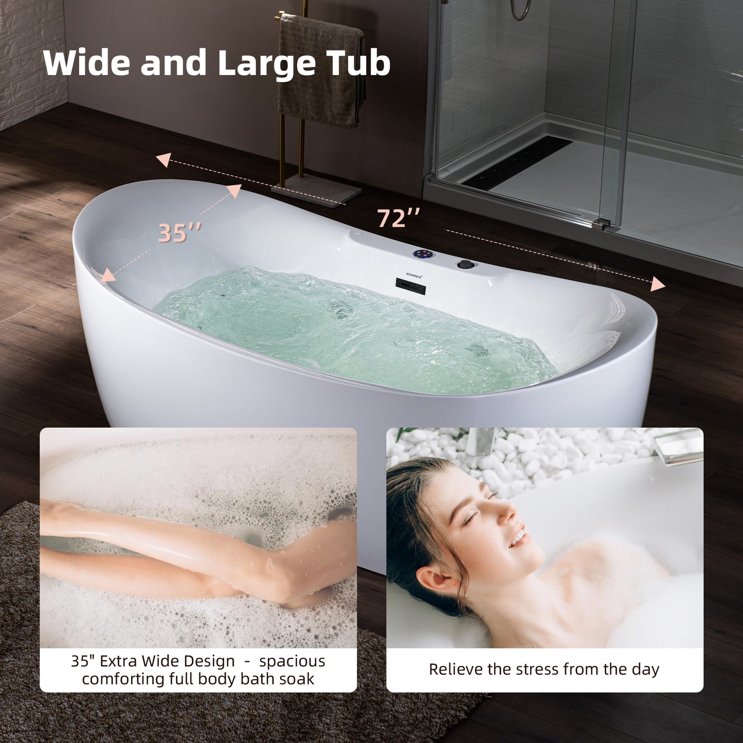 72" x 35-3/8" Whirlpool and Air Bath Heated Soaking Combination Tub with Adjustable Speed Air Blower and Display Control Panel, Matte Black Finish Trim and Drain Kit, BM400
