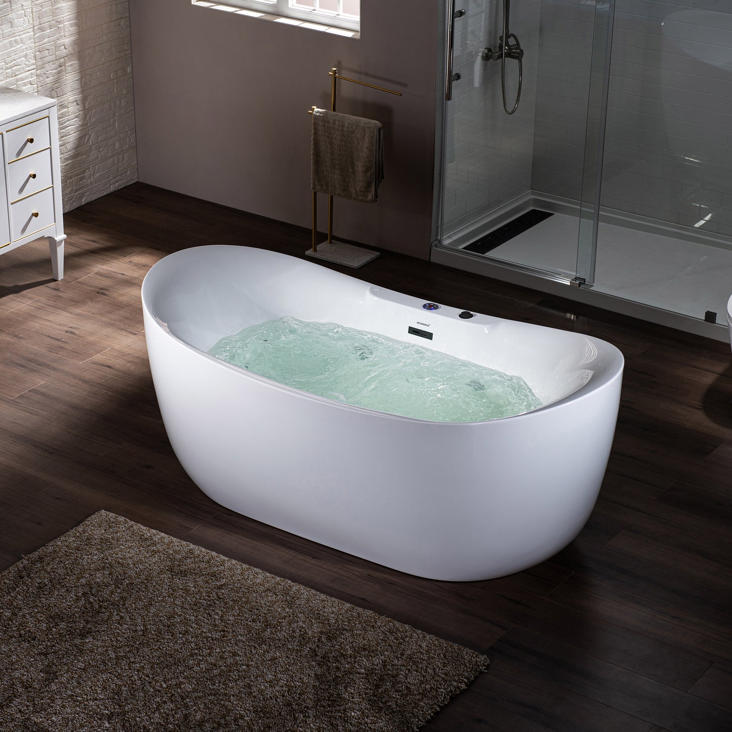 72" x 35-3/8" Whirlpool and Air Bath Heated Soaking Combination Tub with Adjustable Speed Air Blower and Display Control Panel, Matte Black Finish Trim and Drain Kit, BM400
