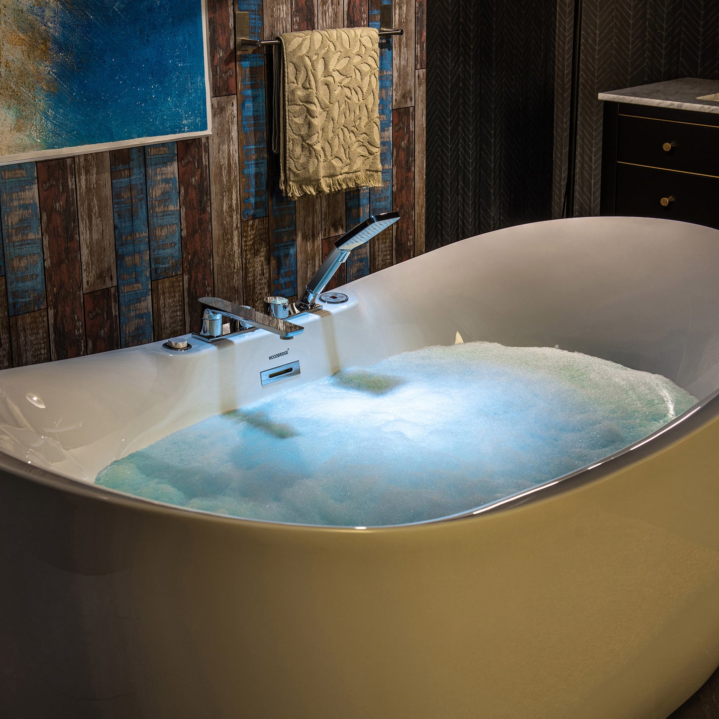 WOODBRIDGE 72" x 35-3/8" Whirlpool Water Jetted and Air Bubble Freestanding Heated Soaking Combination Bathtub with Tub Filler and LED control panel , BJ400+F0041CH