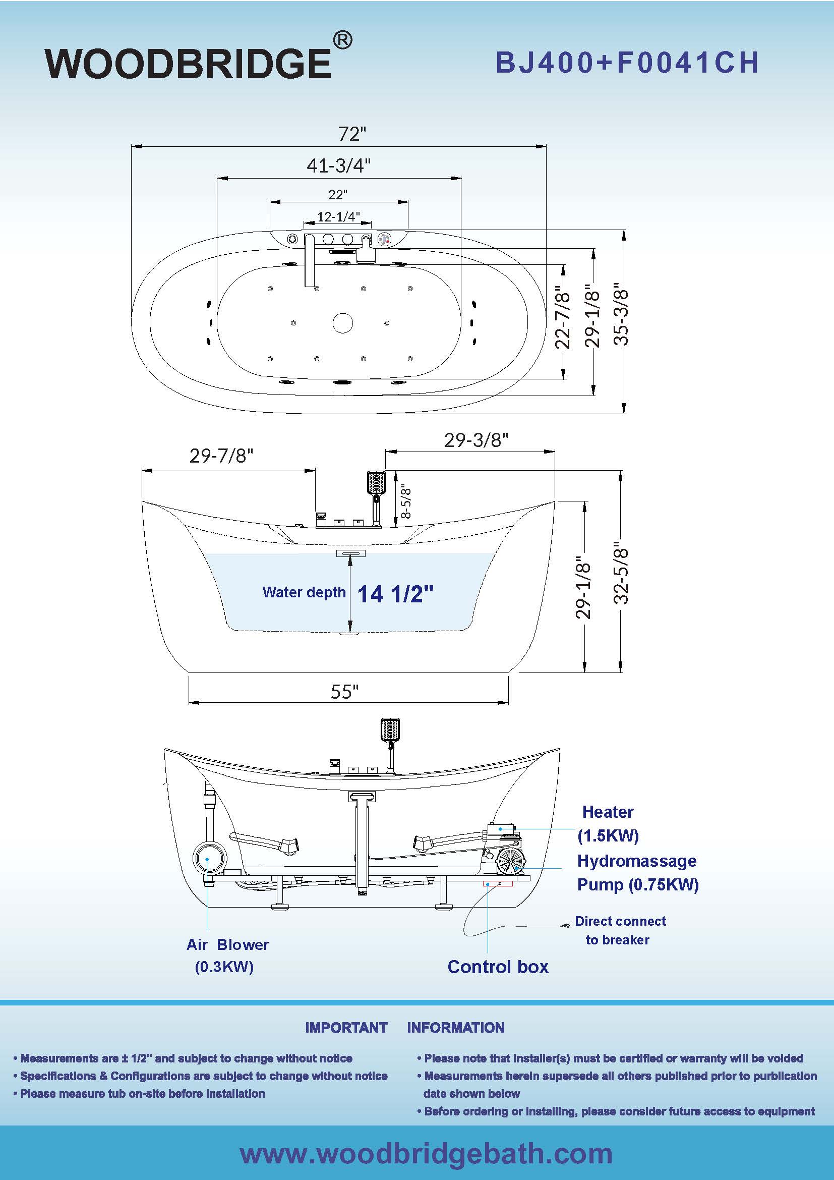 WOODBRIDGE 72" x 35-3/8" Whirlpool Water Jetted and Air Bubble Freestanding Heated Soaking Combination Bathtub with Tub Filler and LED control panel , BJ400+F0041CH