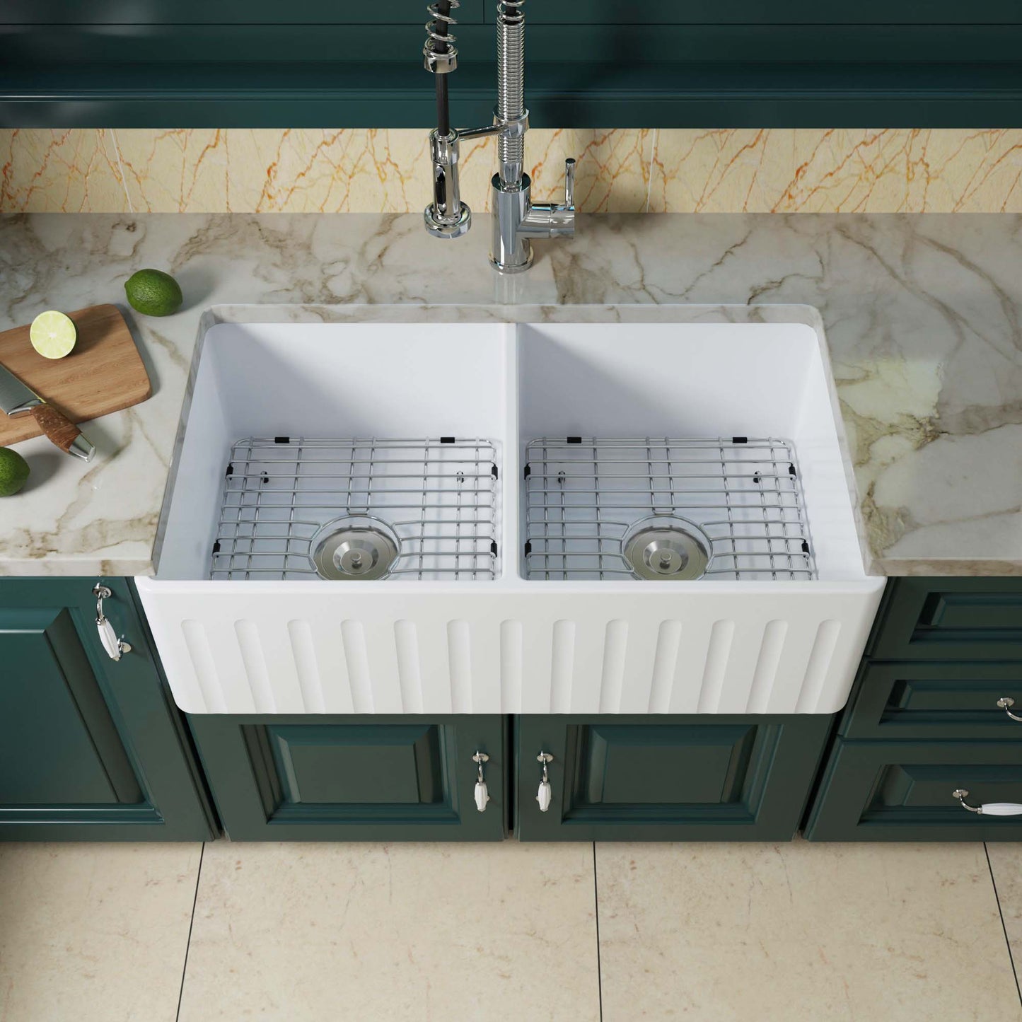 WOODBRIDGE 33" X 18" WHITE FIRECLAY DOUBLE BOWL FARMHOUSE APRON FRONT KITCHEN SINK WITH STRAINERS AND SINK PROTECTOR GRID