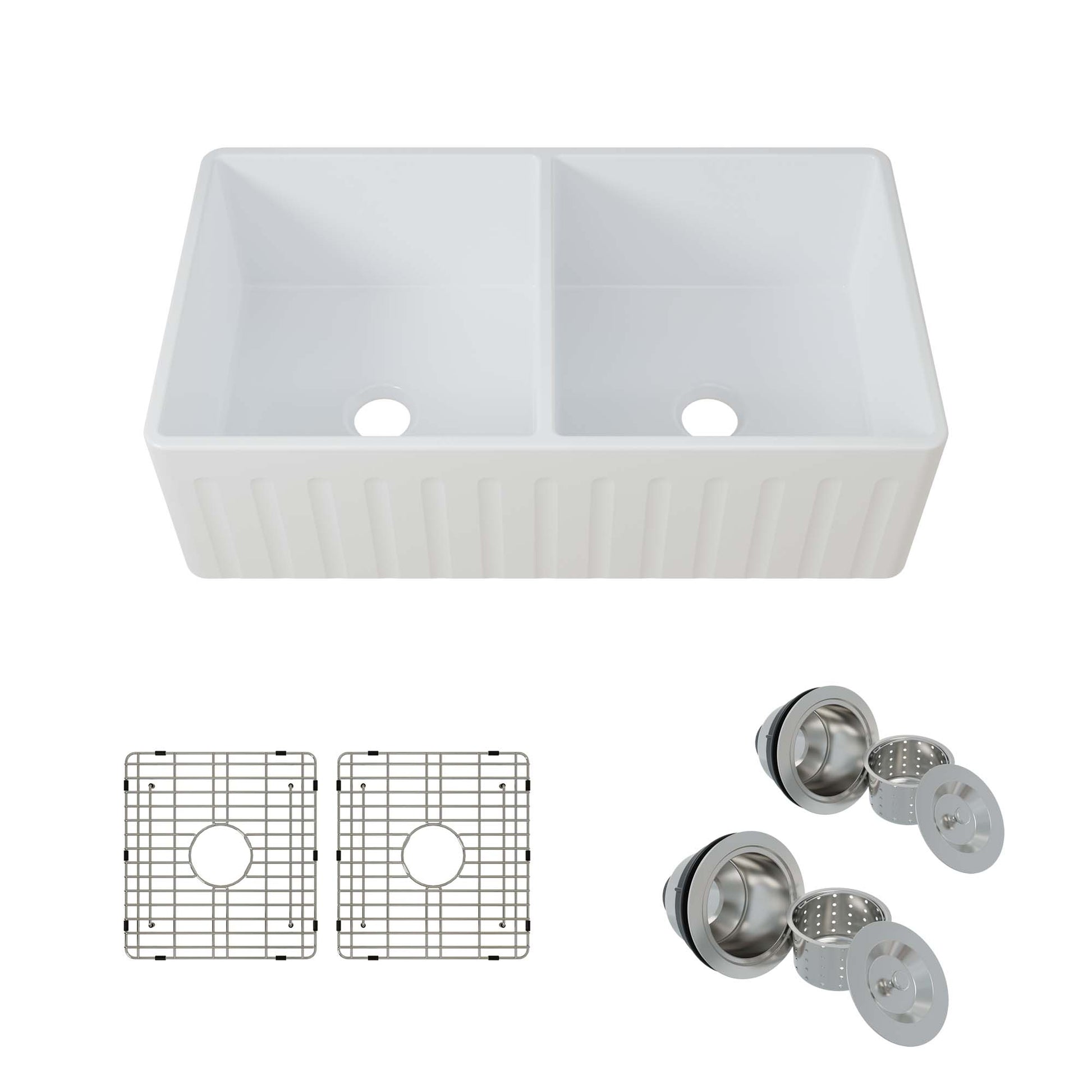 WOODBRIDGE 33" X 18" WHITE FIRECLAY DOUBLE BOWL FARMHOUSE APRON FRONT KITCHEN SINK WITH STRAINERS AND SINK PROTECTOR GRID