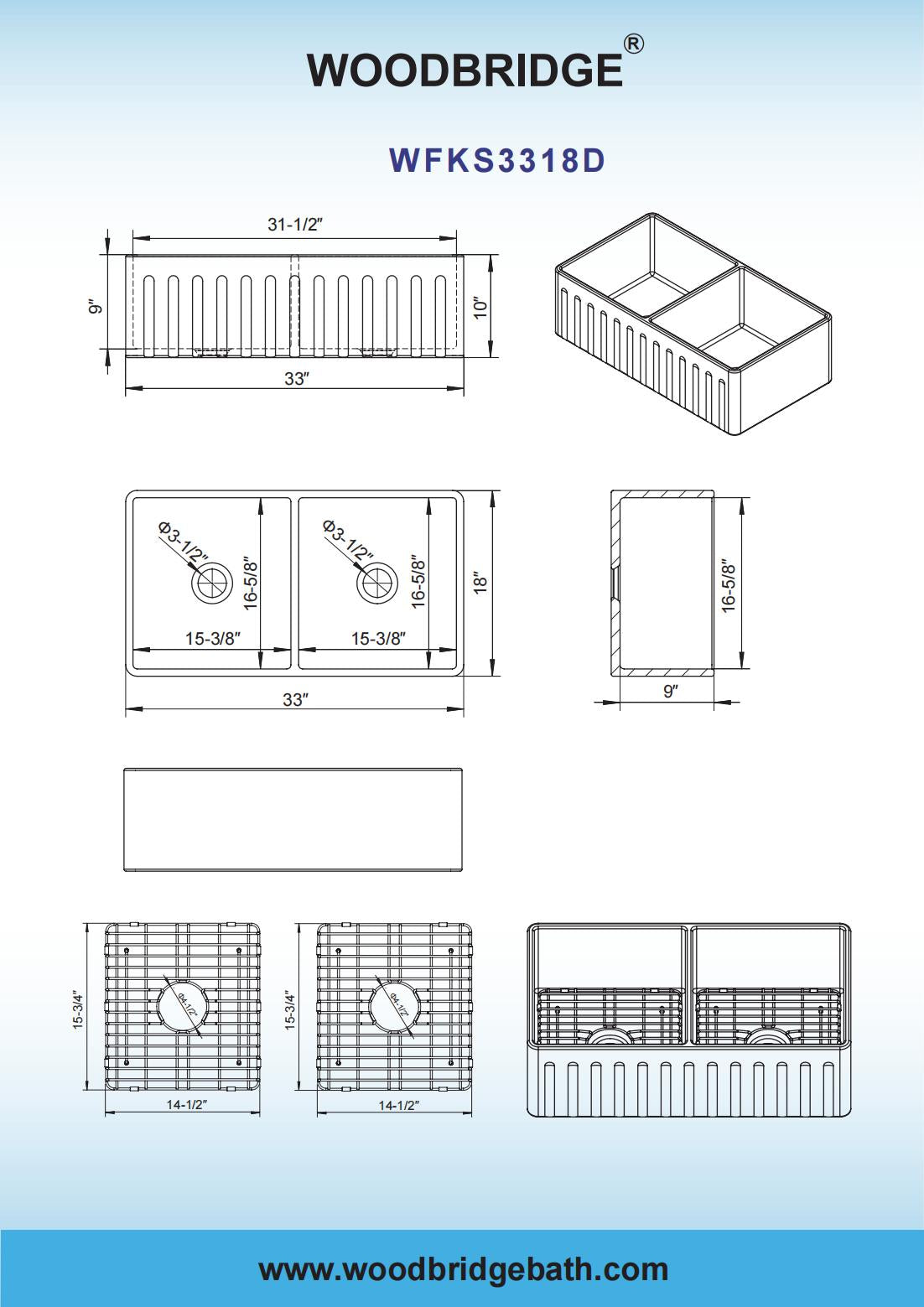 WOODBRIDGE 33" X 18" WHITE FIRECLAY DOUBLE BOWL FARMHOUSE APRON FRONT KITCHEN SINK WITH STRAINERS AND SINK PROTECTOR GRID