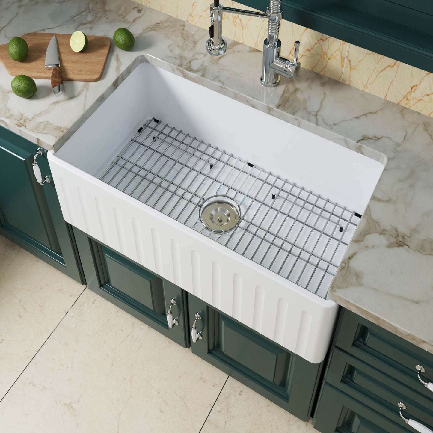 WOODBRIDGE 33" X 20" White Fireclay Single Bowl Farmhouse Apron Front Kitchen Sink with Strainer and Sink Protector Grid