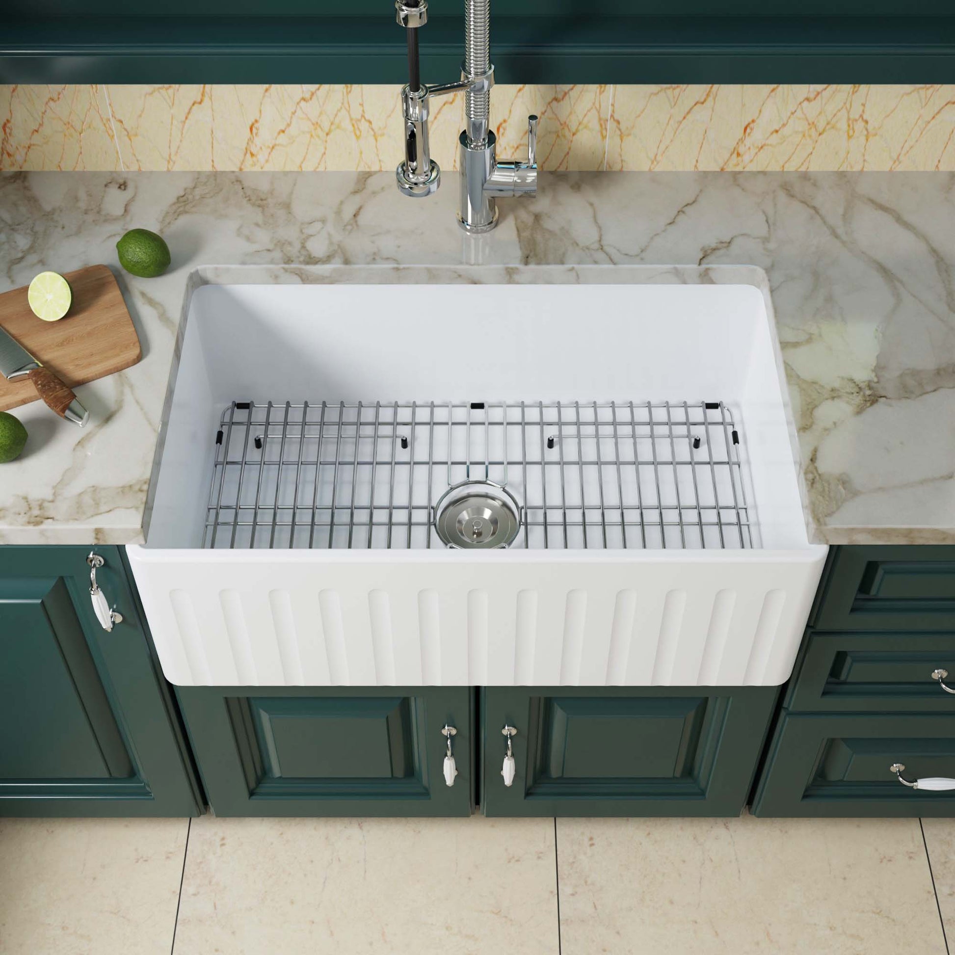 WOODBRIDGE 33" X 20" White Fireclay Single Bowl Farmhouse Apron Front Kitchen Sink with Strainer and Sink Protector Grid