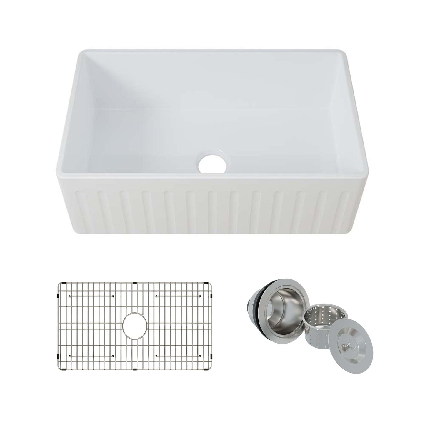 WOODBRIDGE 33" X 20" White Fireclay Single Bowl Farmhouse Apron Front Kitchen Sink with Strainer and Sink Protector Grid