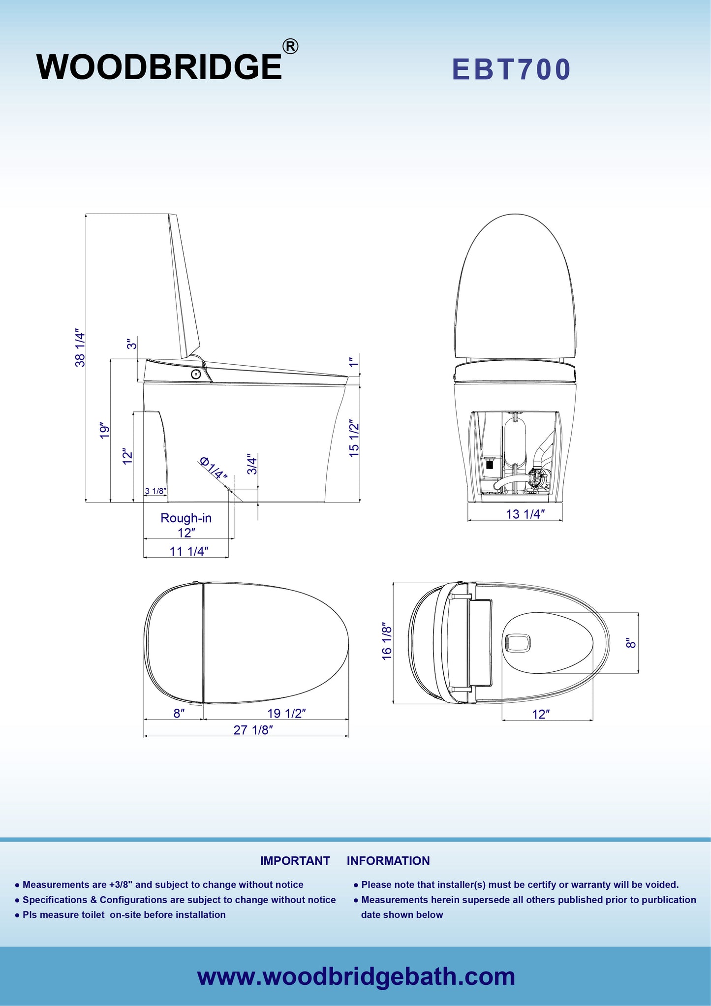WOODBRIDGE EBT700 ONE PIECE ELONGATED SMART TOILET BIDET