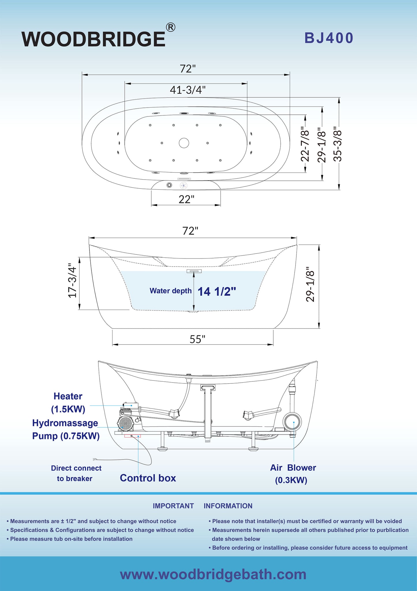 WOODBRIDGE 72" x 35-3/8" Whirlpool Water Jetted and Air Bubble Freestanding Heated Soaking Combination Bathtub with LED control panel , BJ400